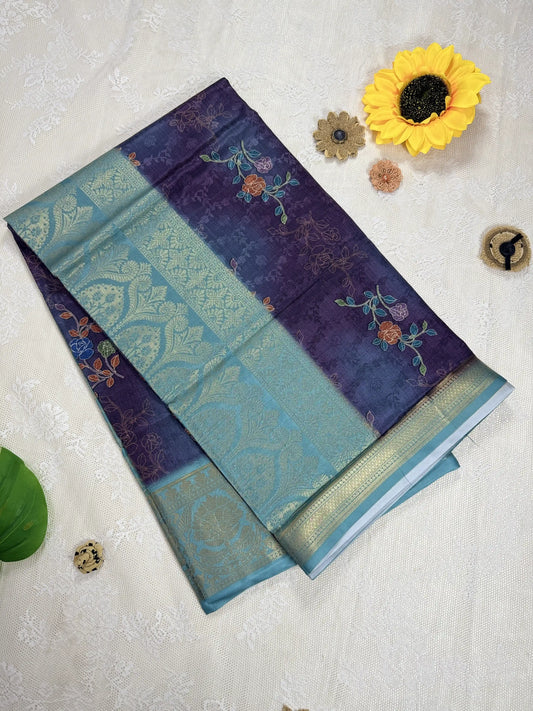 Purple Cotton Silk Saree with Leafy Textured Body and Floral Motifs with Teal Green and Gold Border and Pallu