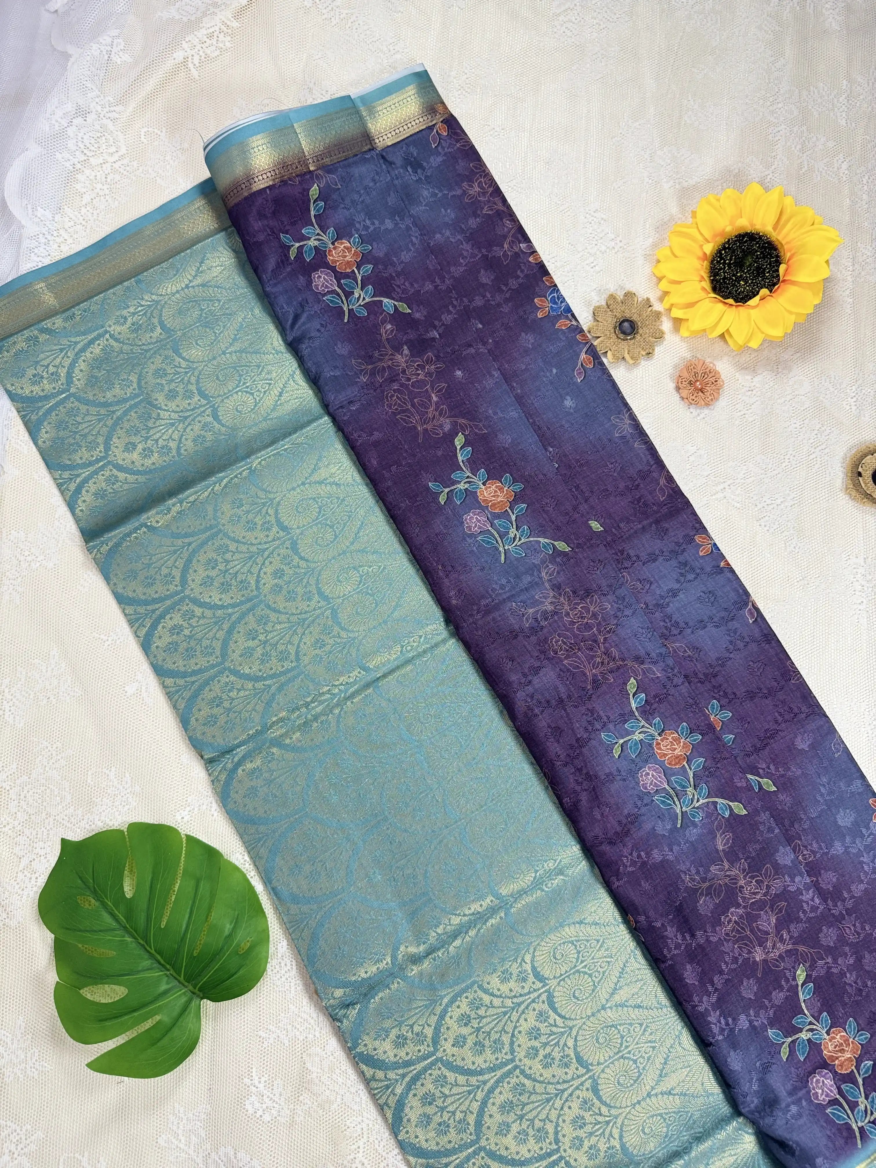 Purple Cotton Silk Saree with Leafy Textured Body and Floral Motifs with Teal Green and Gold Border and Pallu
