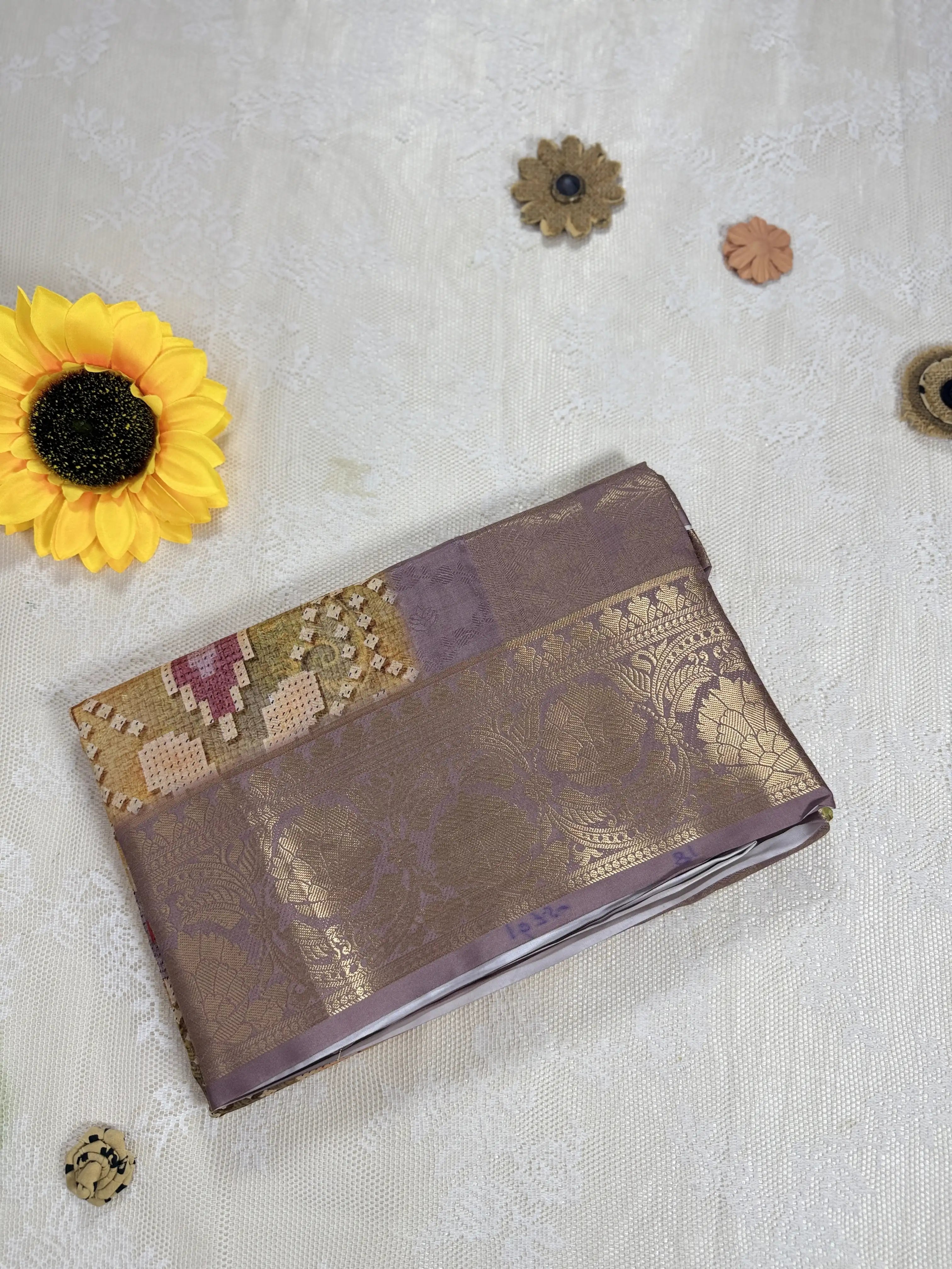Gold Yellow Cotton Silk Saree with Leafy Textured Body and Tetris Block Motifs with Lavendar and Gold Border and Pallu