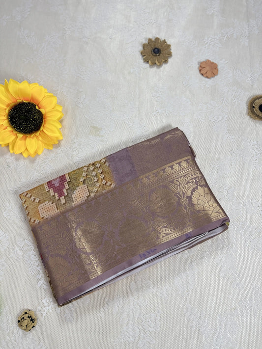 Gold Yellow Cotton Silk Saree with Leafy Textured Body and Tetris Block Motifs with Lavendar and Gold Border and Pallu
