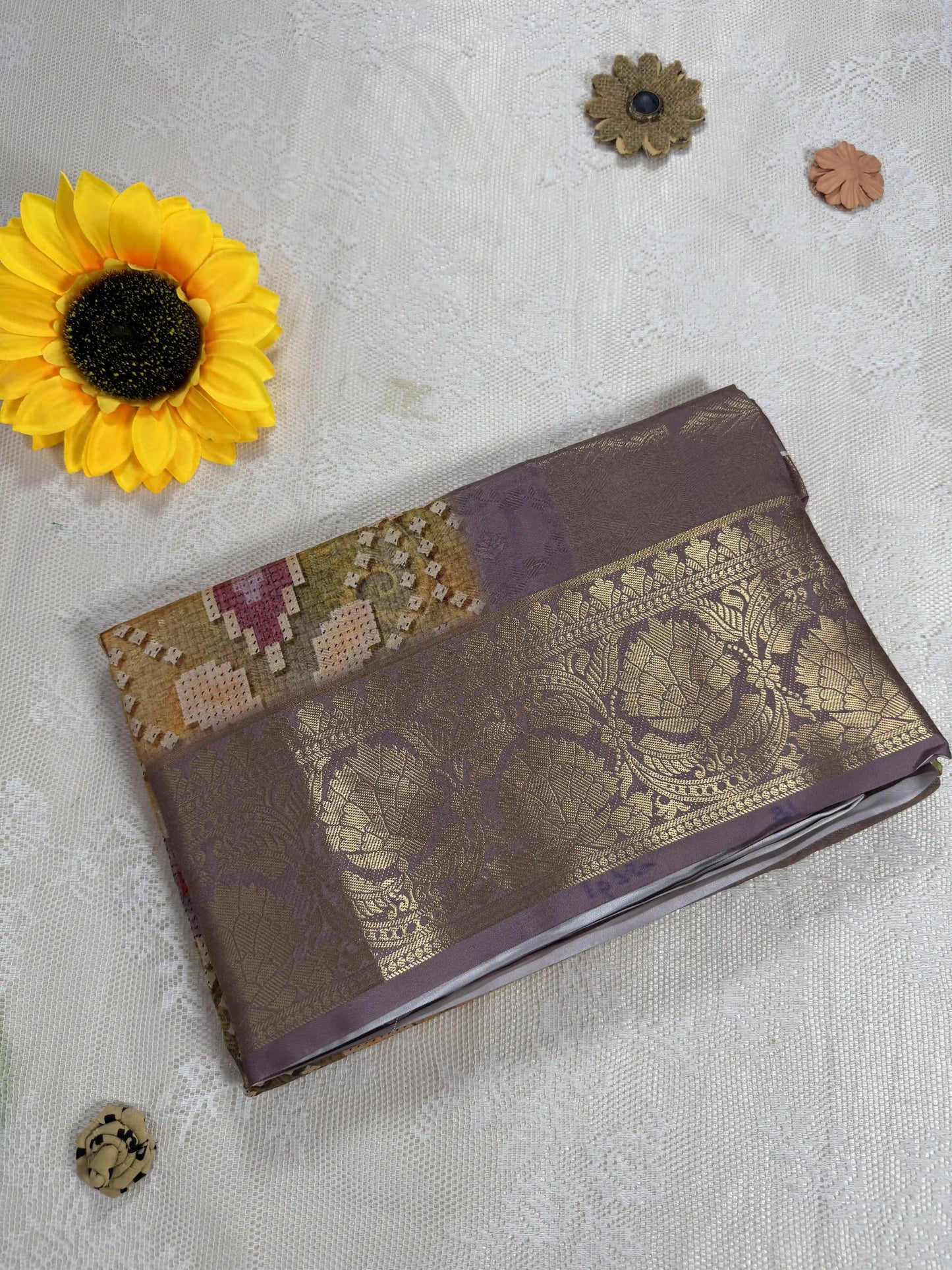 Gold Yellow Cotton Silk Saree with Leafy Textured Body and Tetris Block Motifs with Lavendar and Gold Border and Pallu