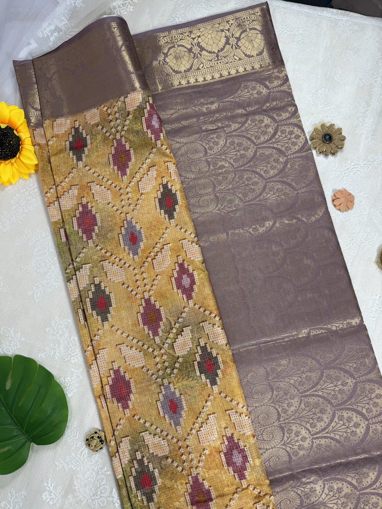 Gold Yellow Cotton Silk Saree with Leafy Textured Body and Tetris Block Motifs with Lavendar and Gold Border and Pallu