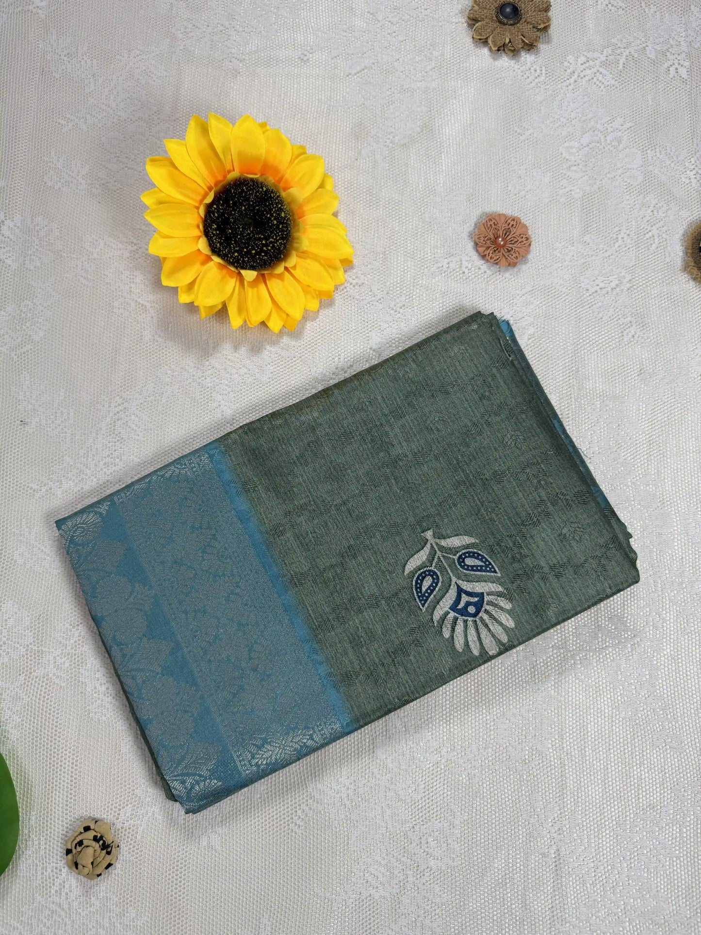 Teal Green Cotton Silk Saree with Leafy Textured Body and Floral Motifs with Teal Green and Gold Border and Pallu