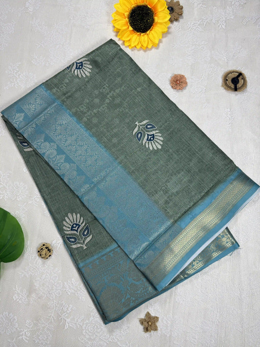Teal Green Cotton Silk Saree with Leafy Textured Body and Floral Motifs with Teal Green and Gold Border and Pallu