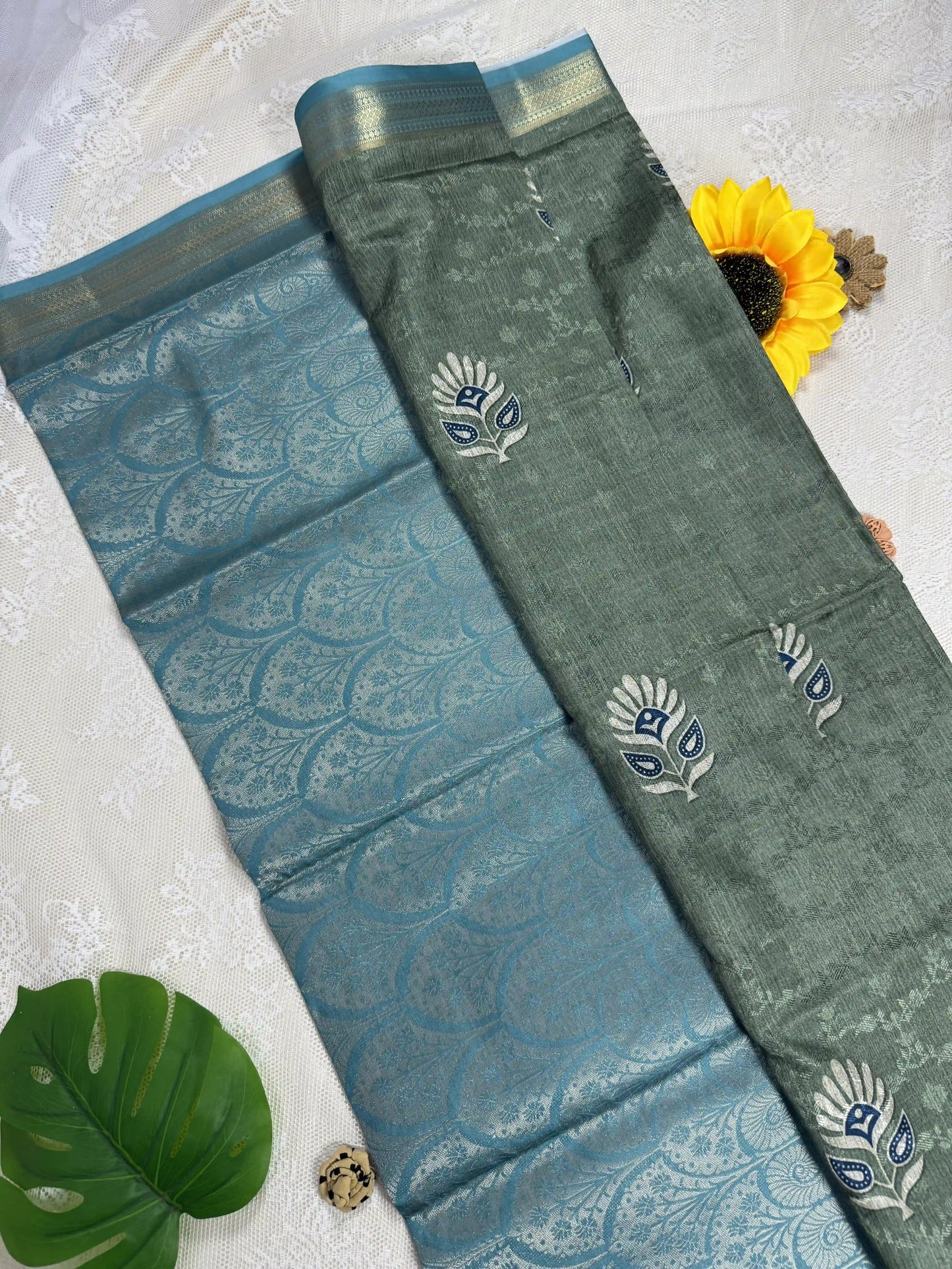 Teal Green Cotton Silk Saree with Leafy Textured Body and Floral Motifs with Teal Green and Gold Border and Pallu