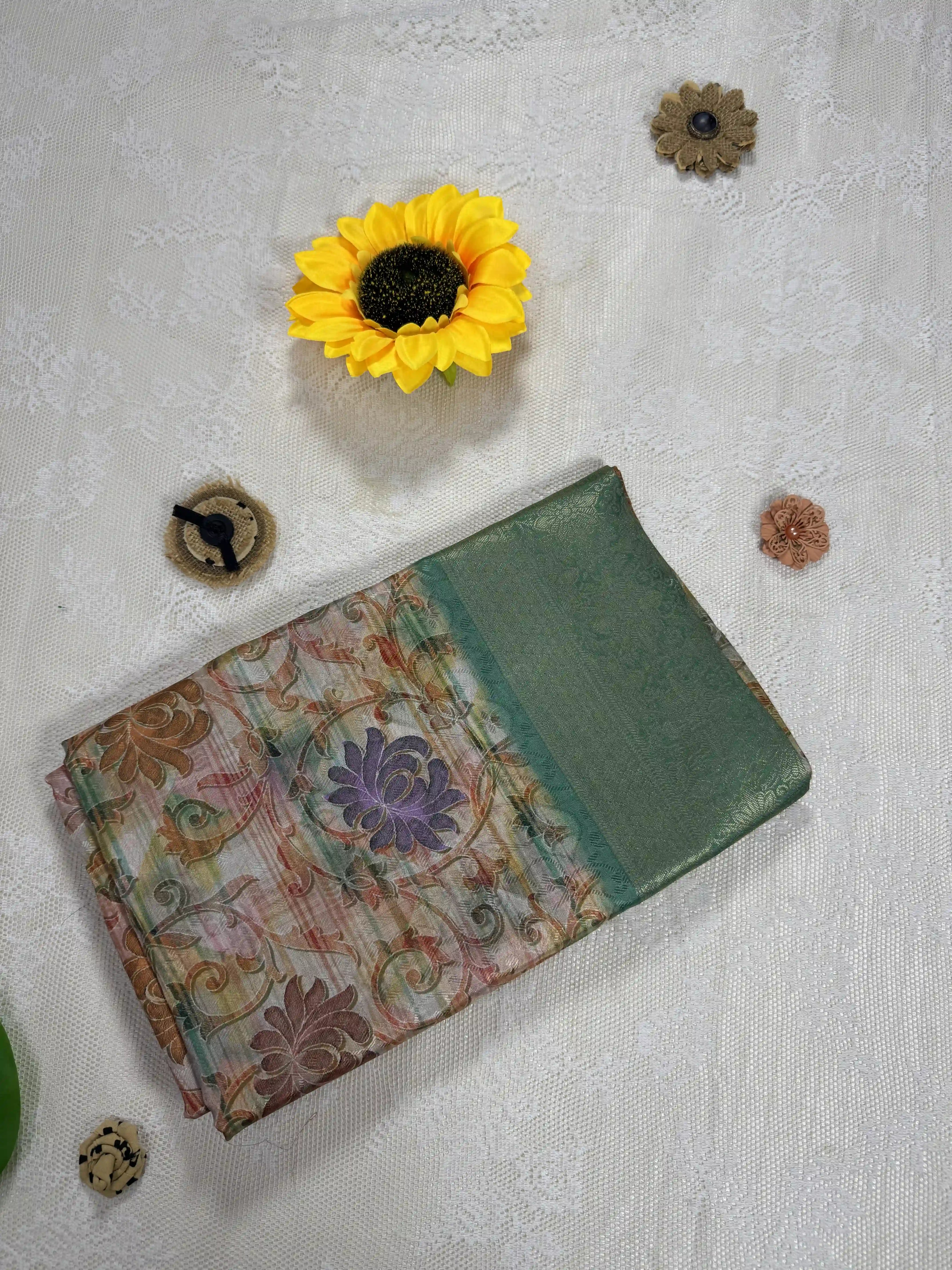 Beige Green Cotton Silk Saree with Leafy Textured Body and Floral Motifs with Green and Gold Border and Pallu