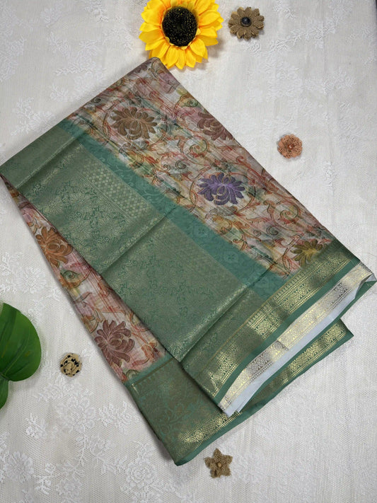Beige Green Cotton Silk Saree with Leafy Textured Body and Floral Motifs with Green and Gold Border and Pallu