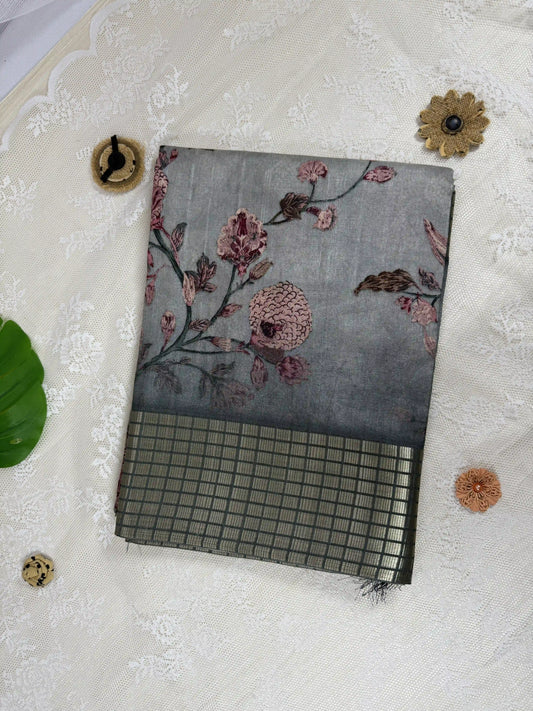 Grey Tassar Silk Saree with Floral design body and dark grey border with gold barcode zari work