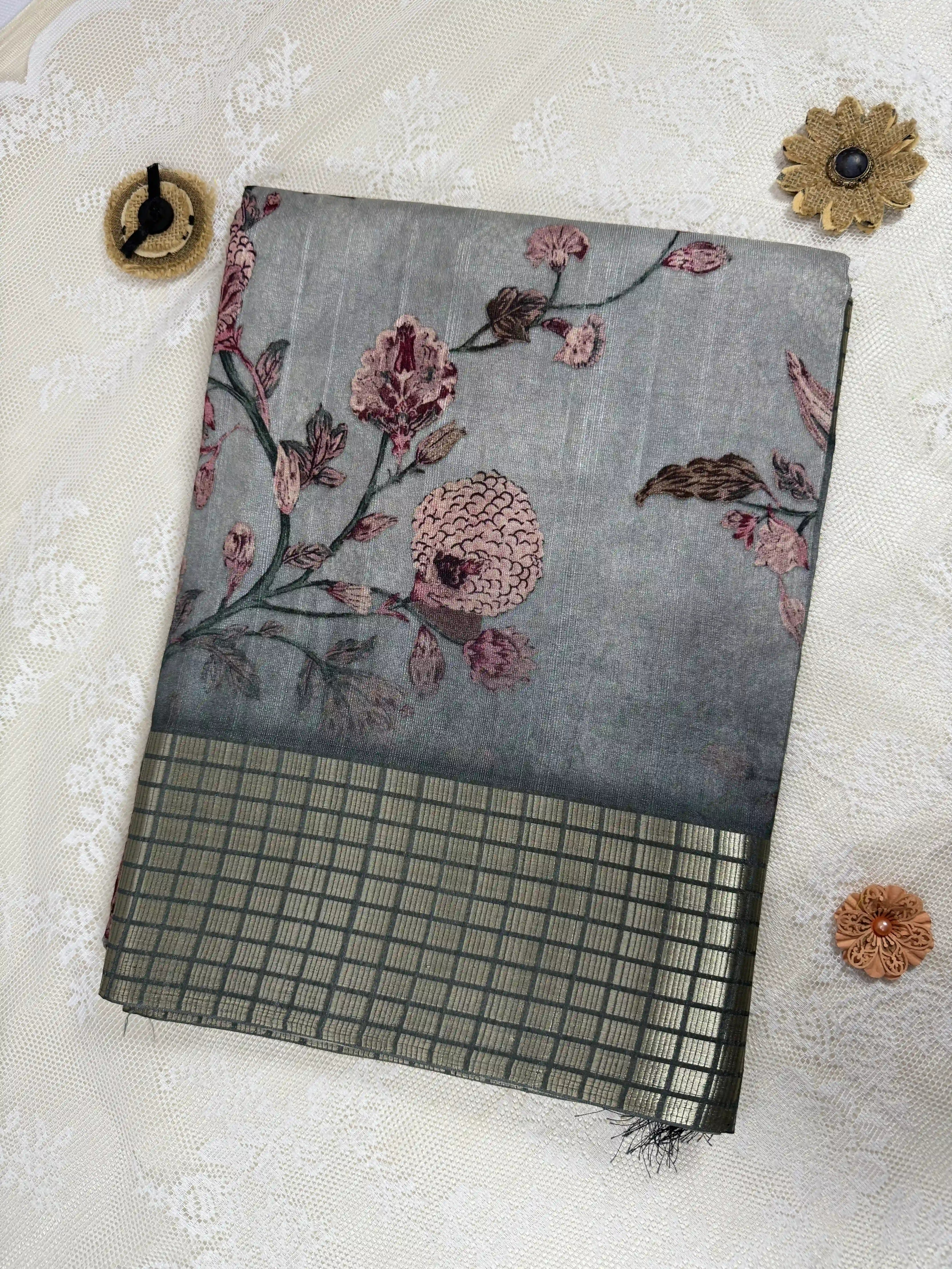 Grey Tassar Silk Saree with Floral design body and dark grey border with gold barcode zari work