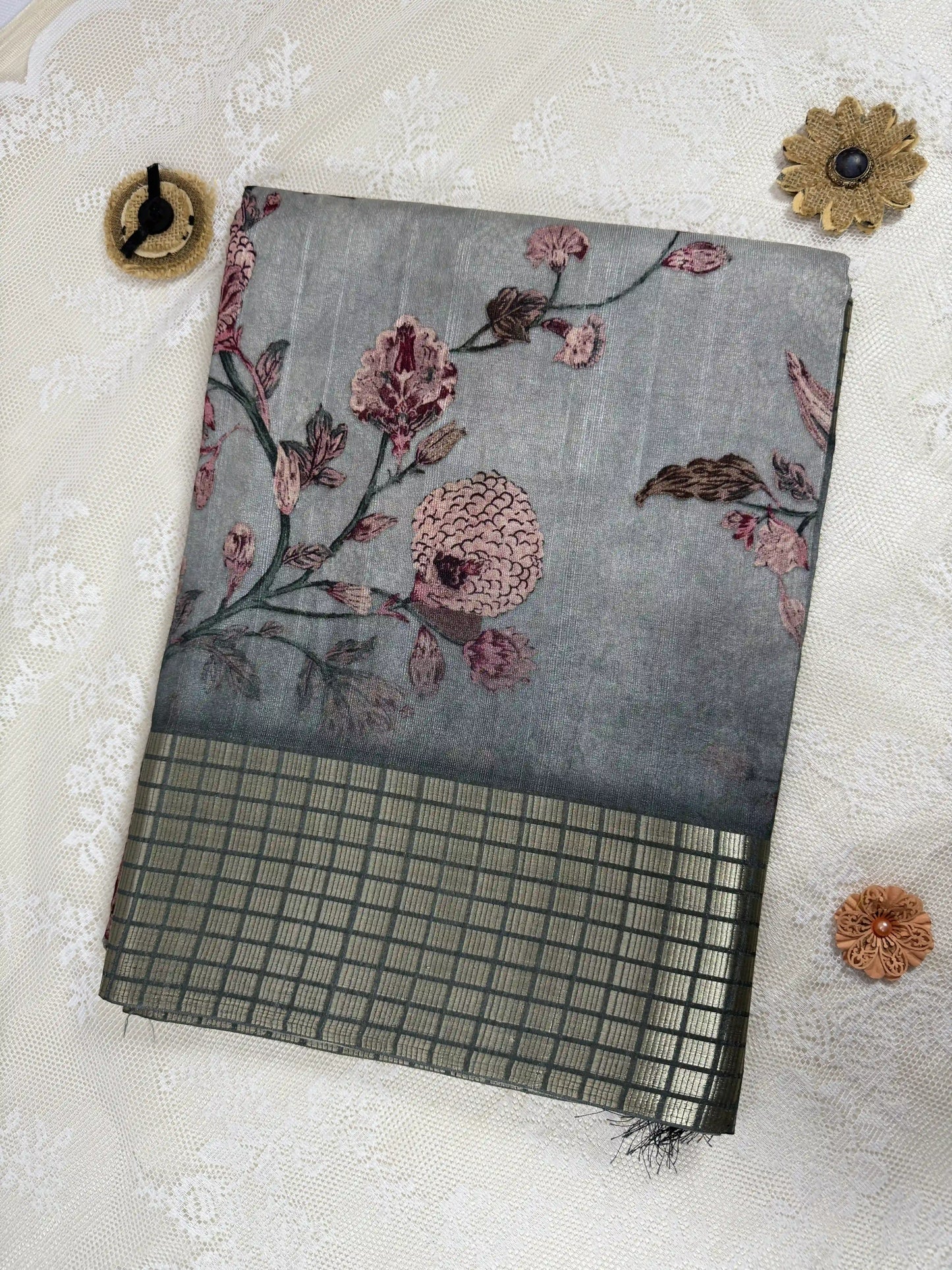 Grey Tassar Silk Saree with Floral design body and dark grey border with gold barcode zari work