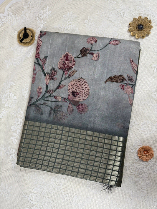 Grey Tassar Silk Saree with Floral design body and dark grey border with gold barcode zari work