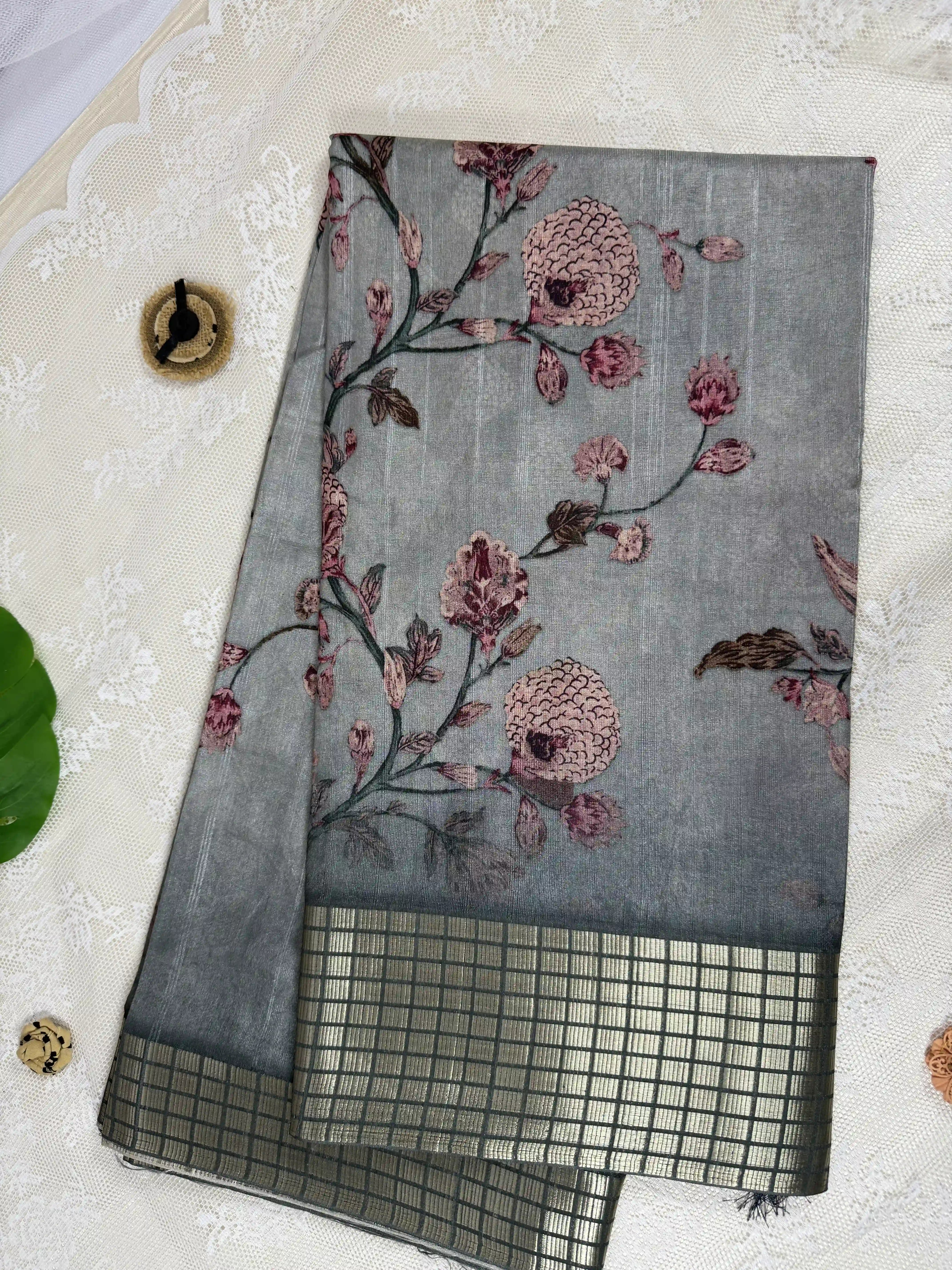 Grey Tassar Silk Saree with Floral design body and dark grey border with gold barcode zari work