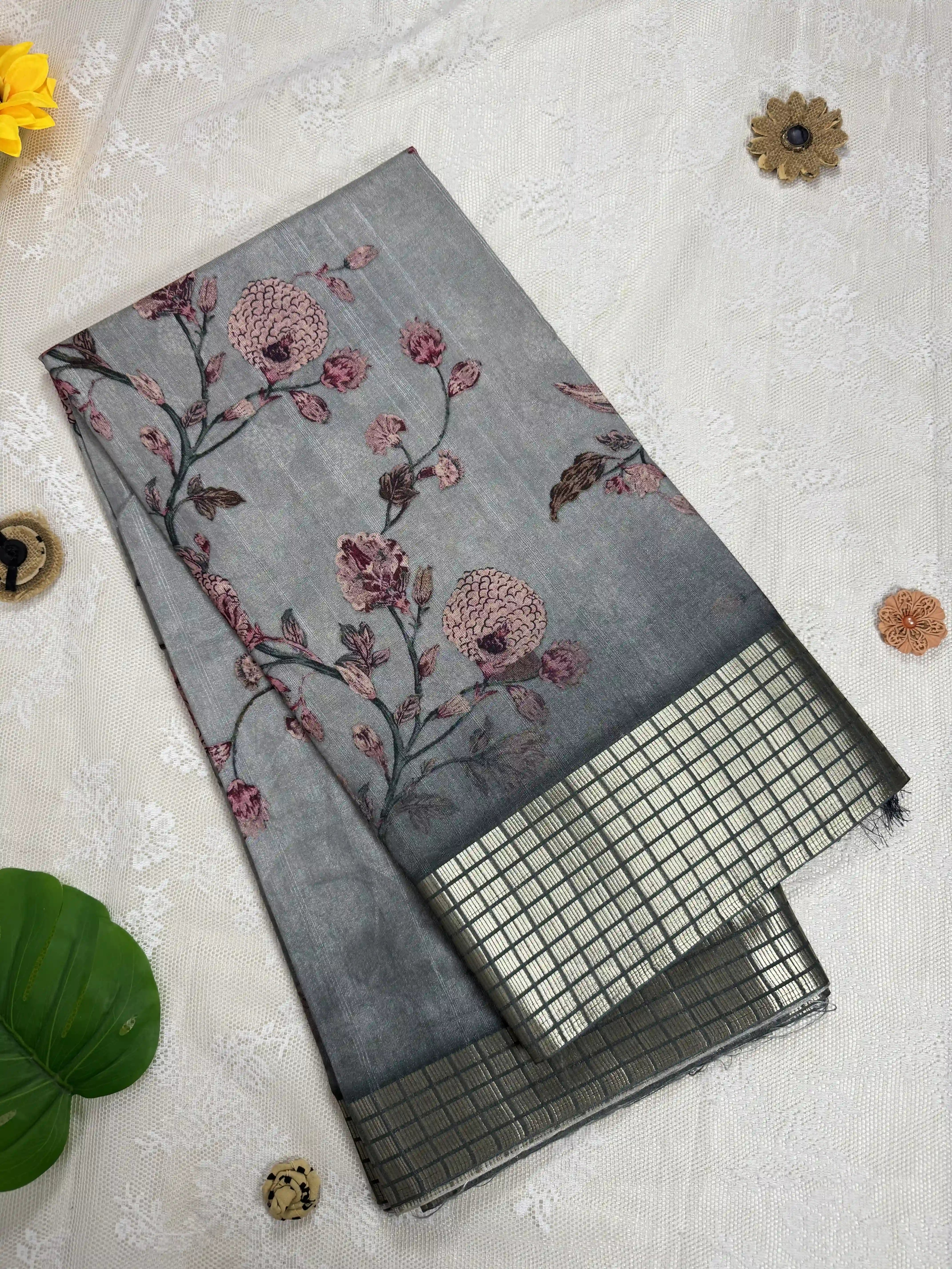 Grey Tassar Silk Saree with Floral design body and dark grey border with gold barcode zari work