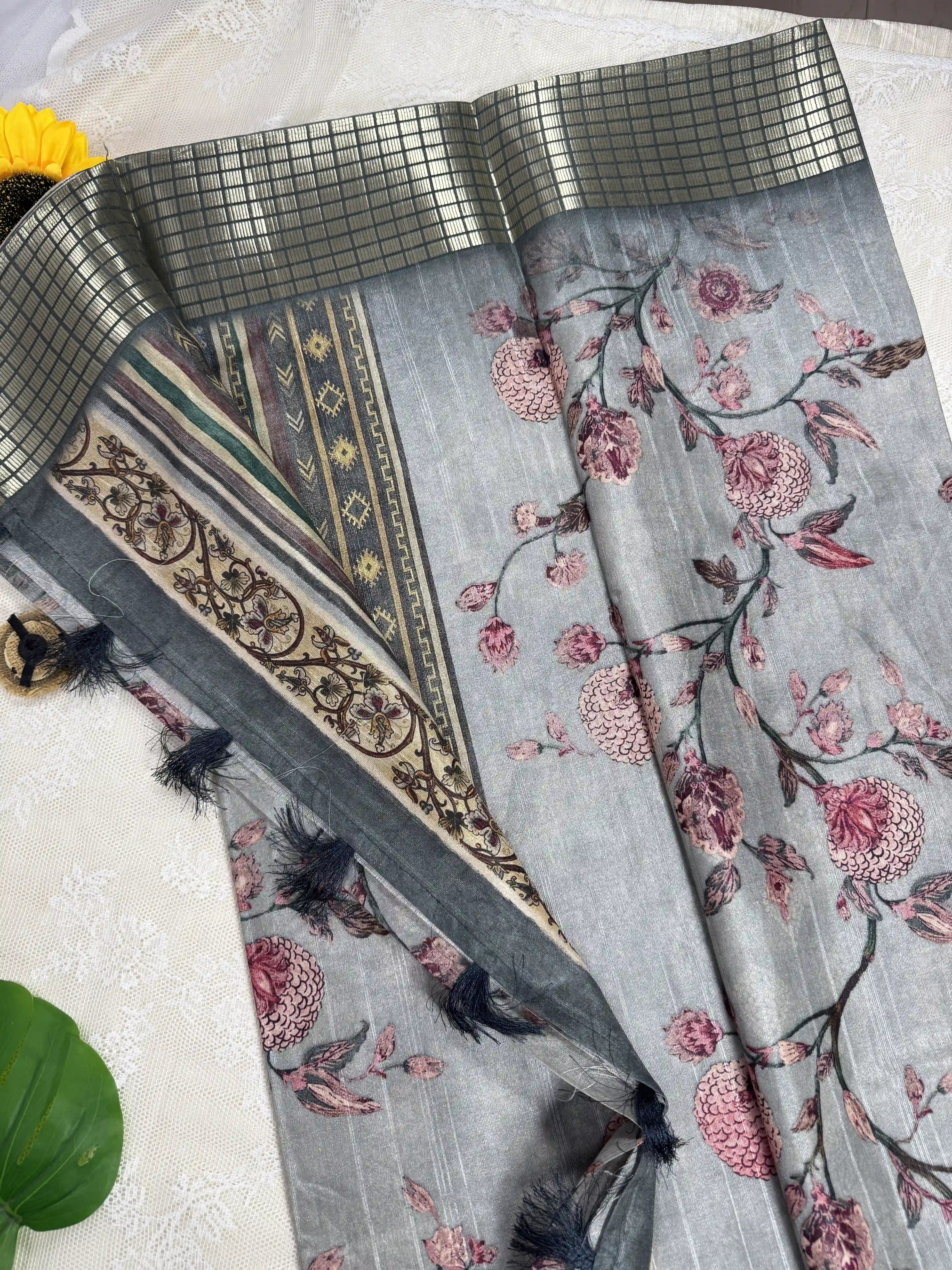 Grey Tassar Silk Saree with Floral design body and dark grey border with gold barcode zari work