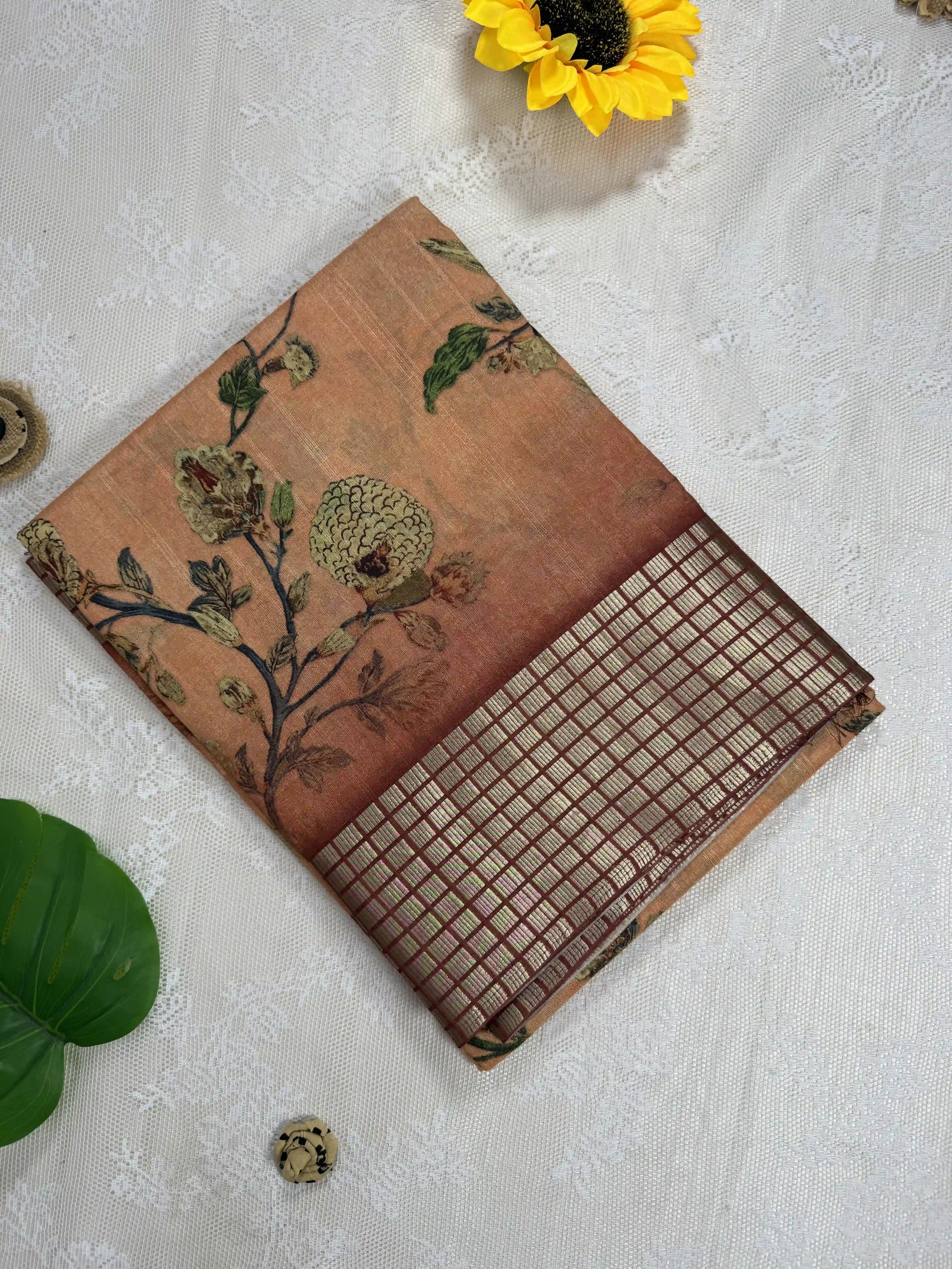 Orange Tassar Silk Saree with Floral design body and red border with gold barcode zari work