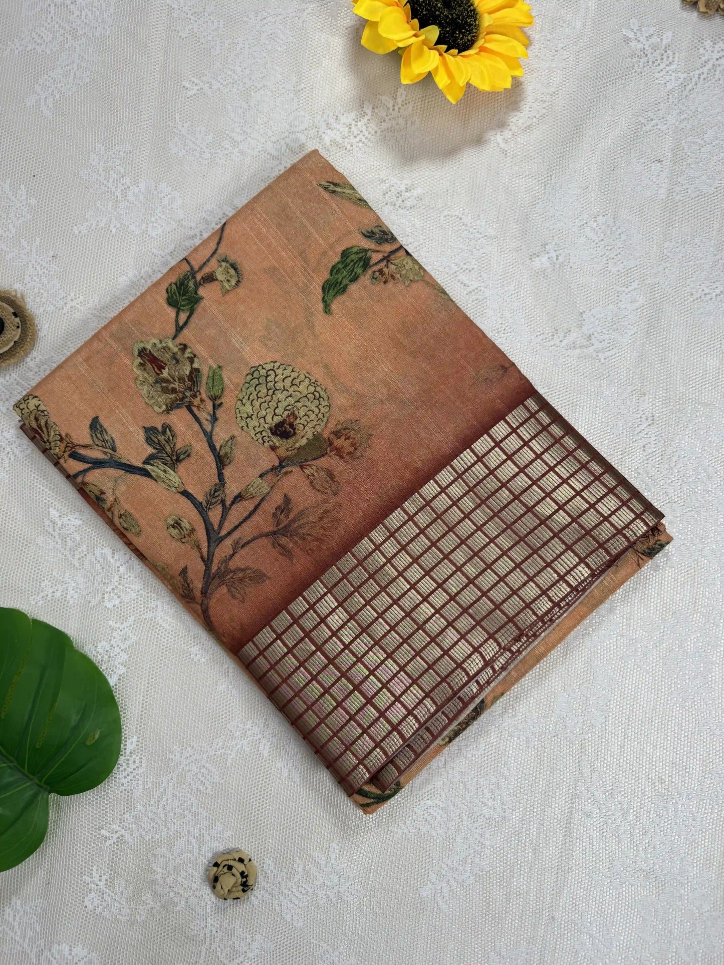 Orange Tassar Silk Saree with Floral design body and red border with gold barcode zari work