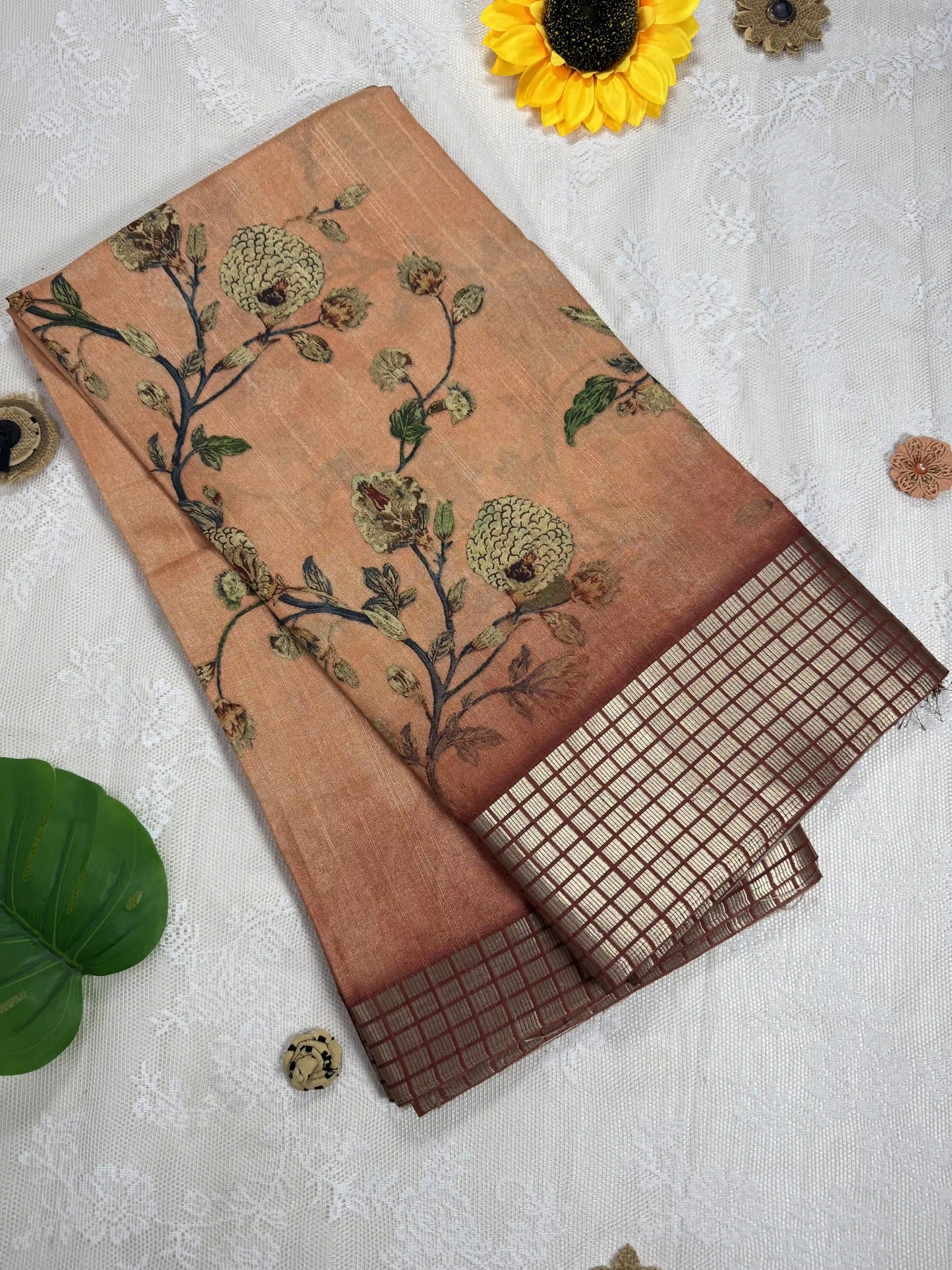 Orange Tassar Silk Saree with Floral design body and red border with gold barcode zari work