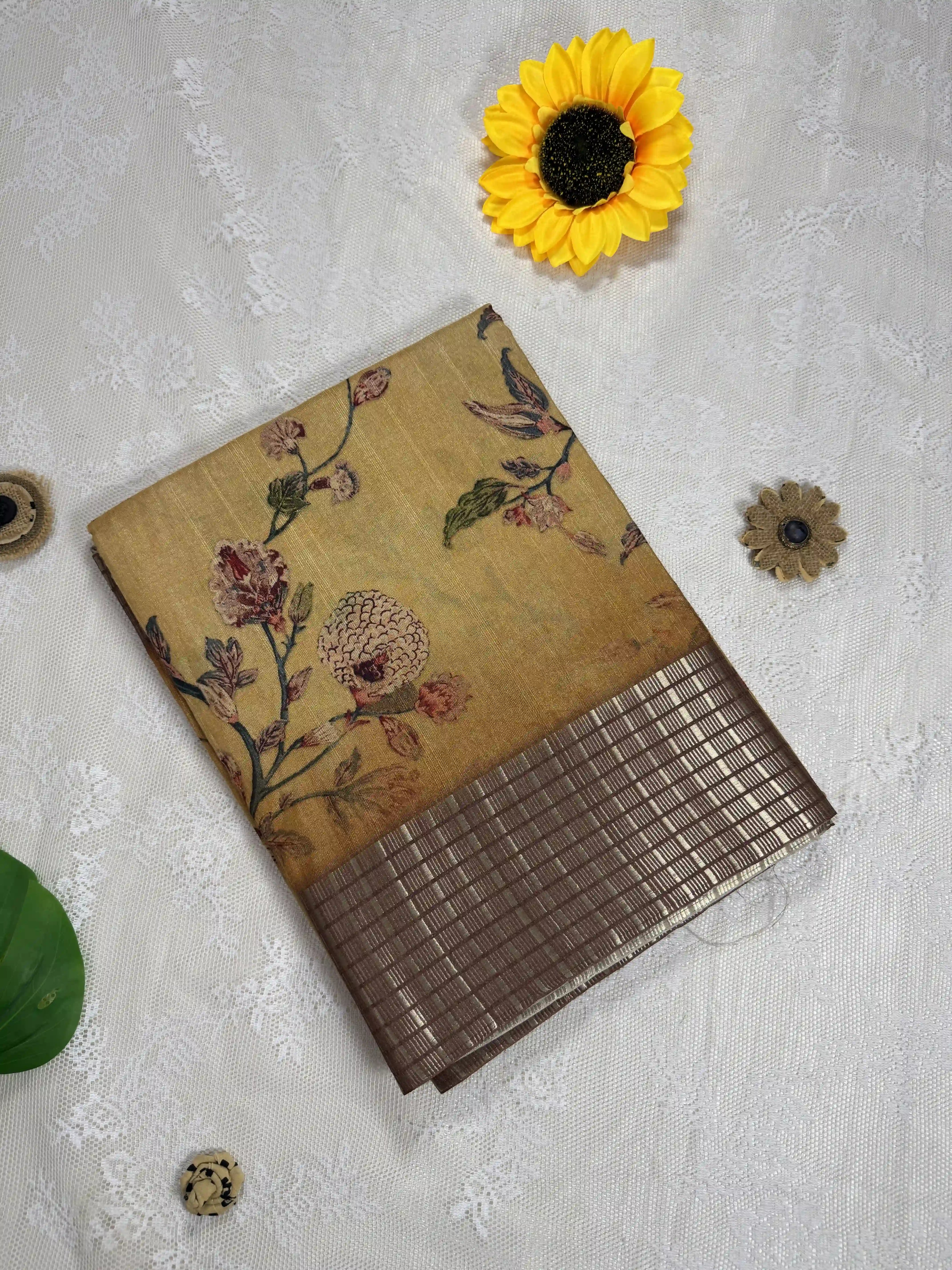 Mustard Yellow Tassar Silk Saree with Floral design body and brown border with gold barcode zari work