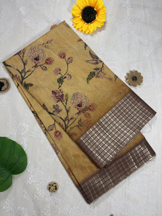 Mustard Yellow Tassar Silk Saree with Floral design body and brown border with gold barcode zari work