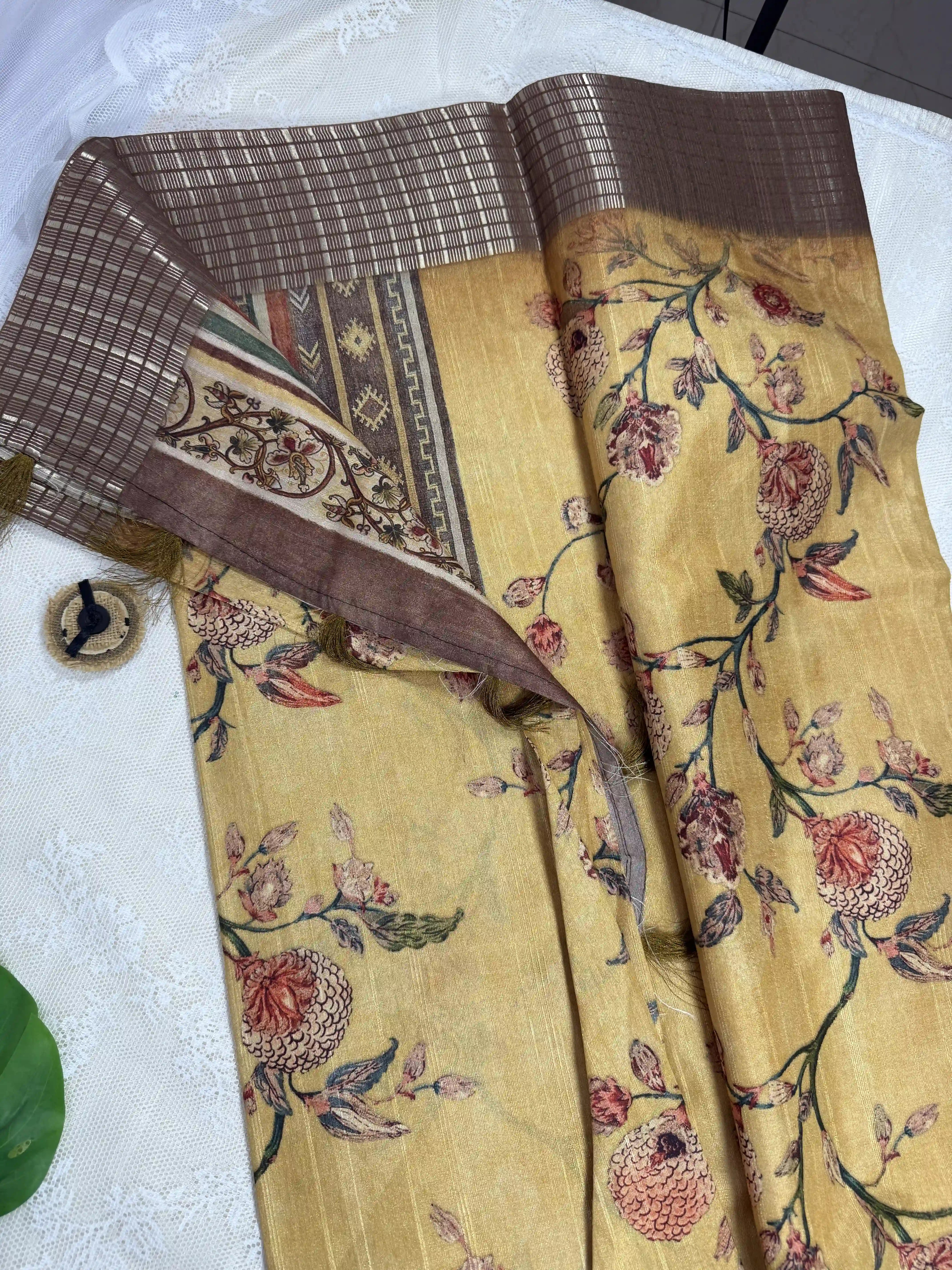 Mustard Yellow Tassar Silk Saree with Floral design body and brown border with gold barcode zari work