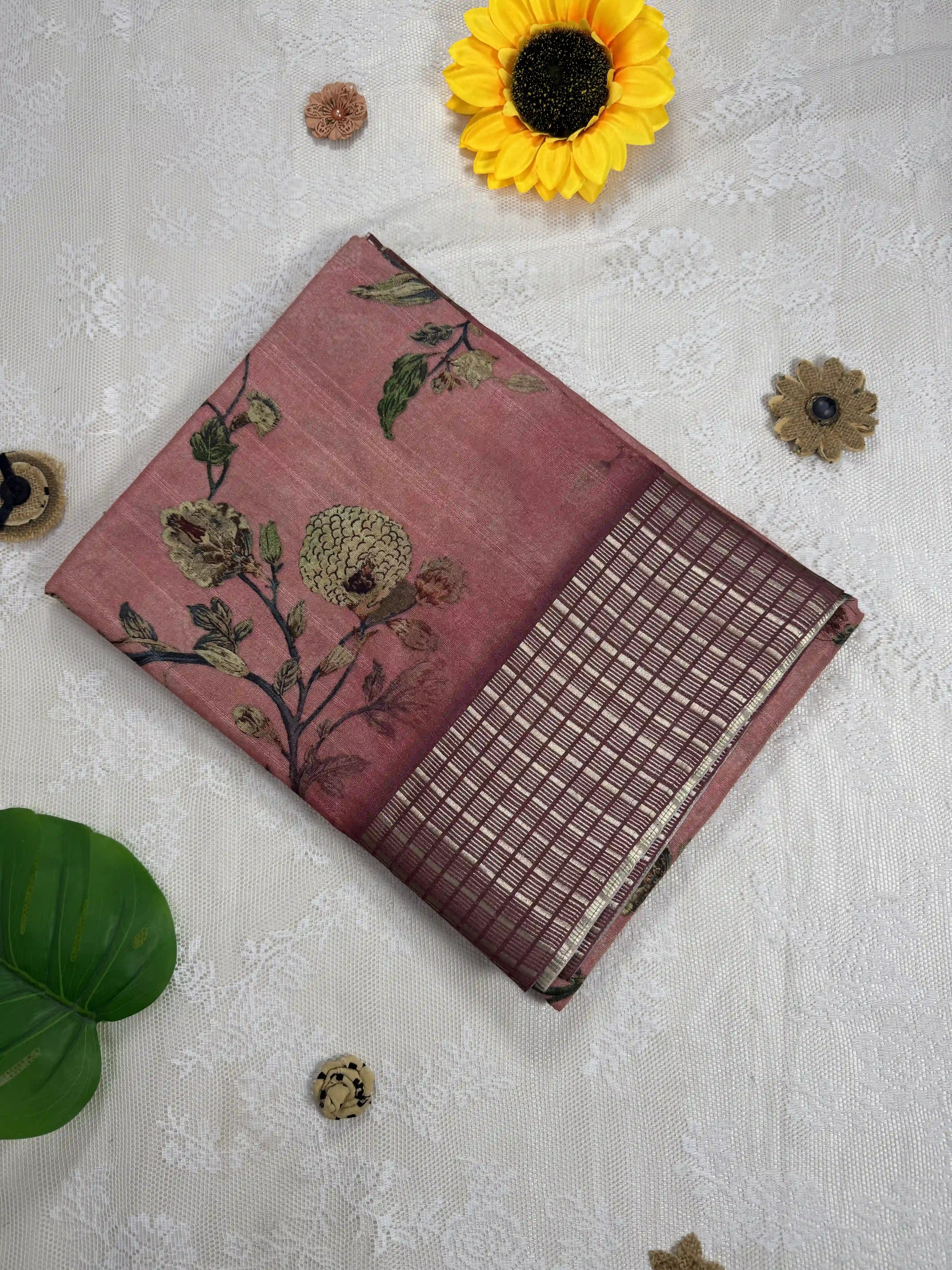 Peach Tassar Silk Saree with Floral design body and maroon red border with gold barcode zari work
