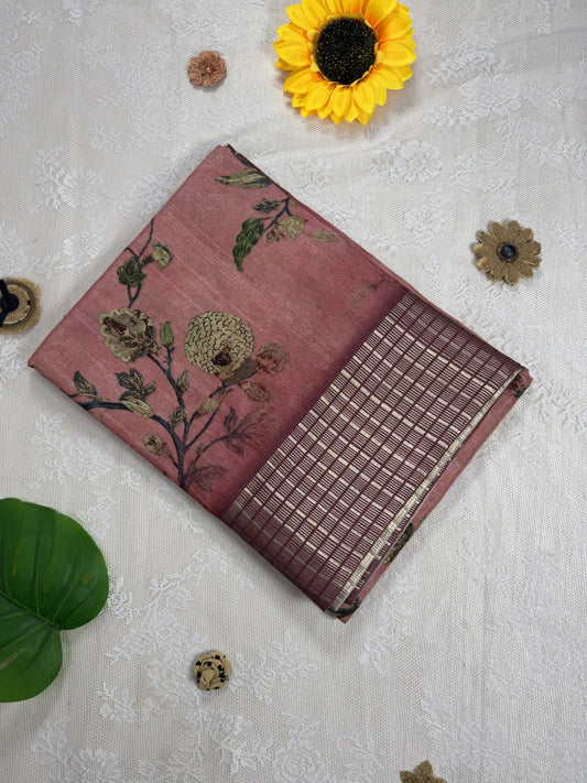 Peach Tassar Silk Saree with Floral design body and maroon red border with gold barcode zari work