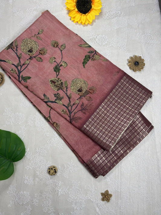 Peach Tassar Silk Saree with Floral design body and maroon red border with gold barcode zari work