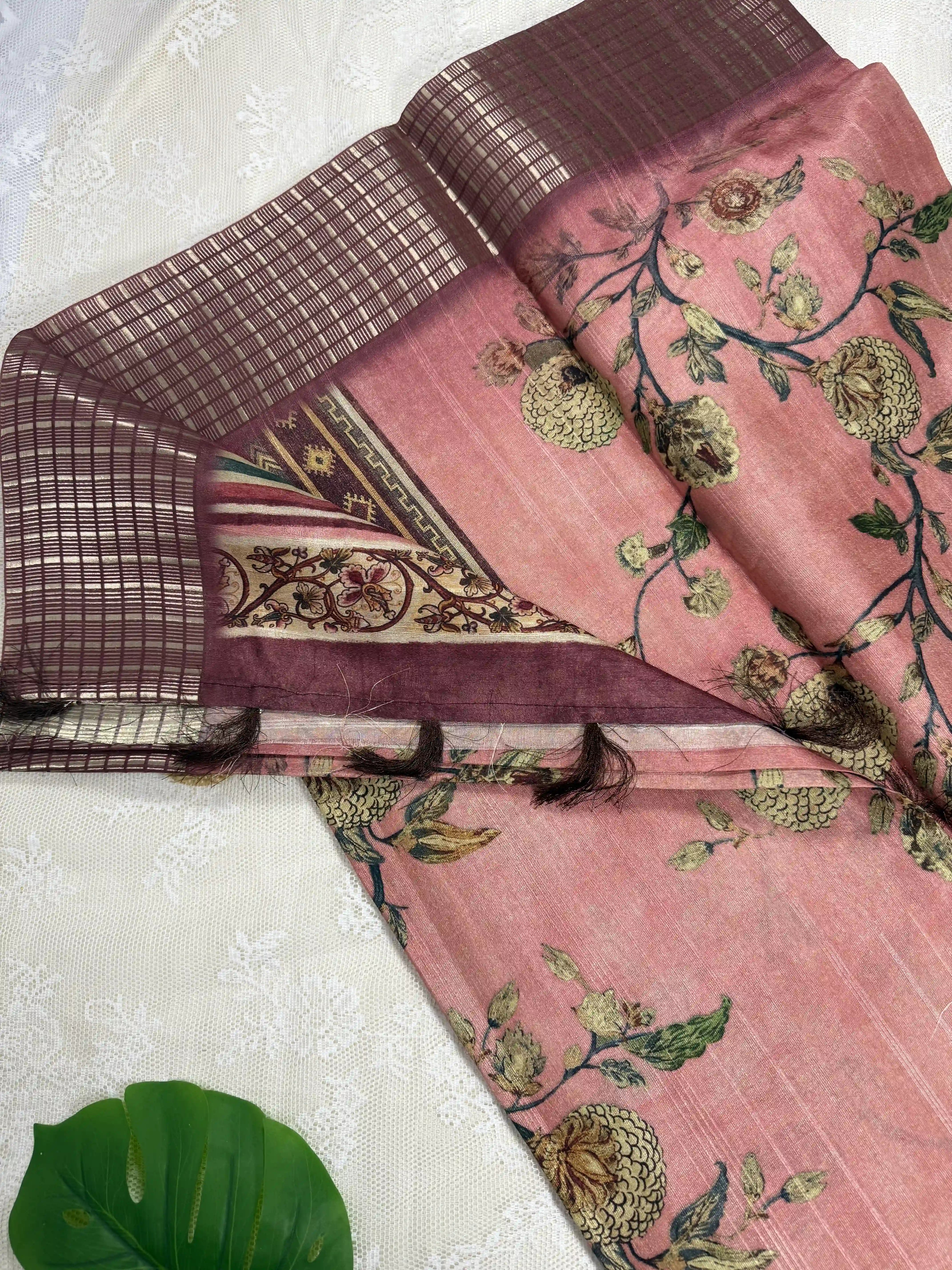 Peach Tassar Silk Saree with Floral design body and maroon red border with gold barcode zari work