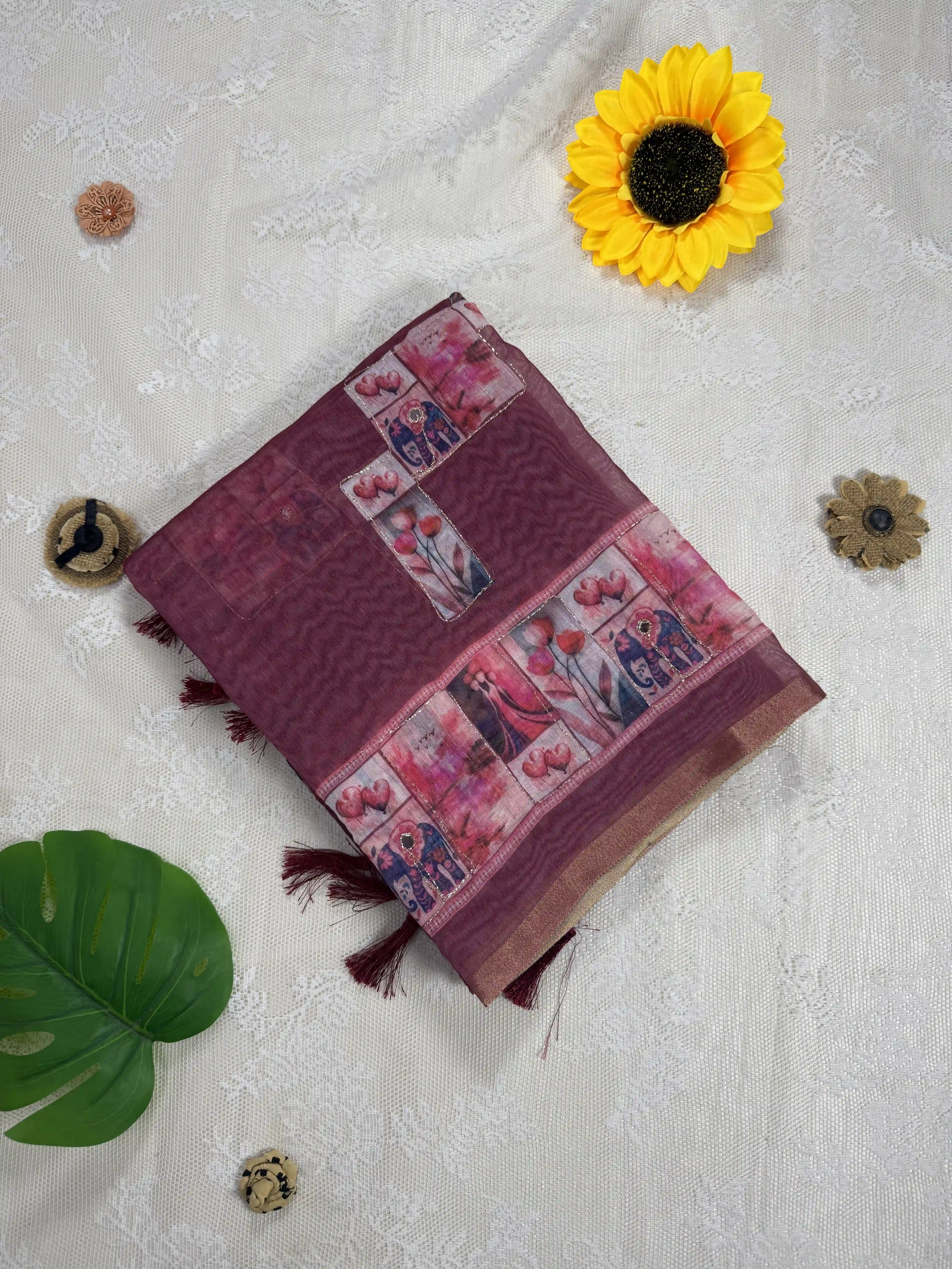 Maroon Red Silk Cotton Saree with Printed Heart Motifs Bordered with Sequence Zari work and Mirror Work