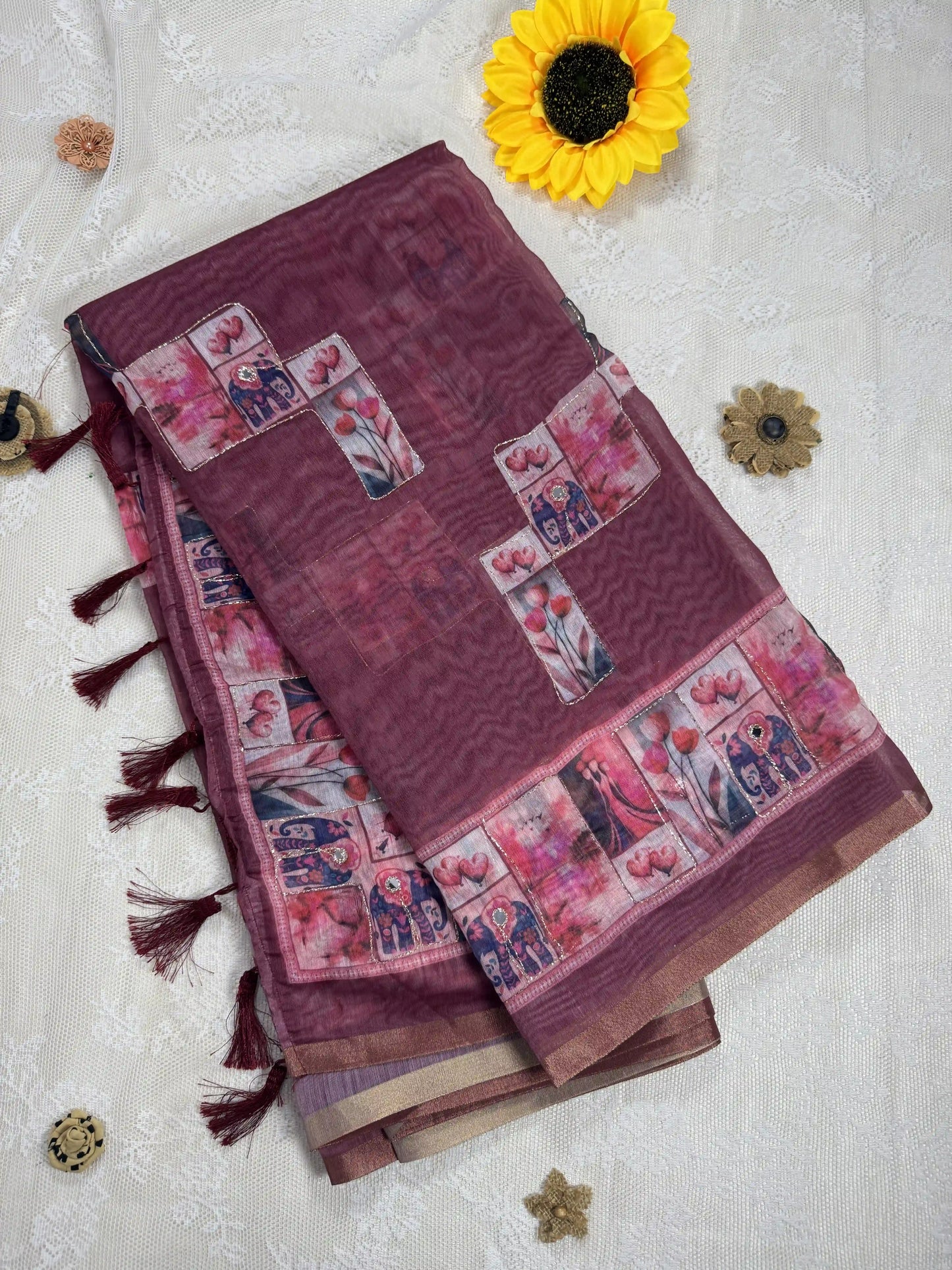 Maroon Red Silk Cotton Saree with Printed Heart Motifs Bordered with Sequence Zari work and Mirror Work