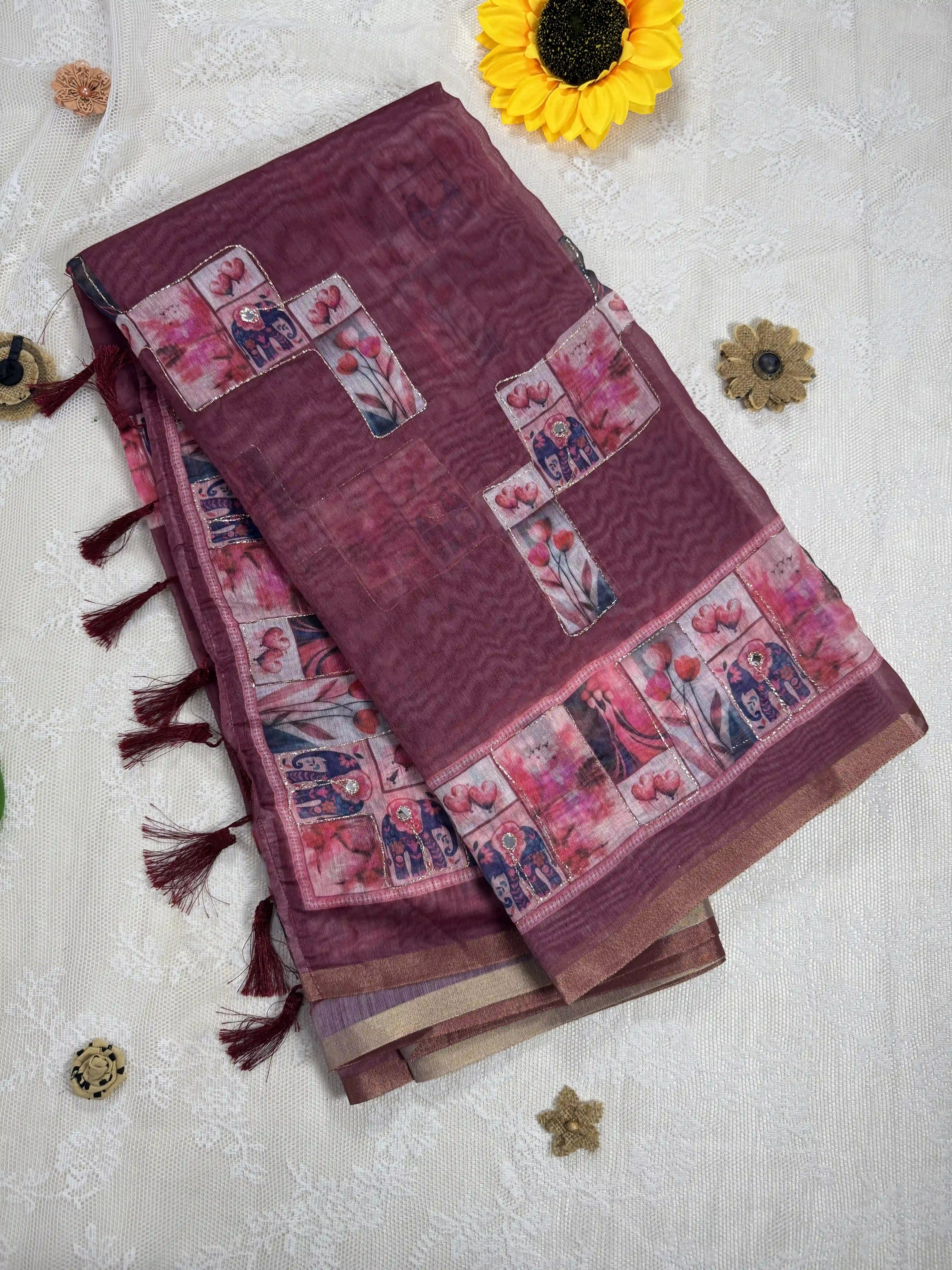 Maroon Red Silk Cotton Saree with Printed Heart Motifs Bordered with Sequence Zari work and Mirror Work