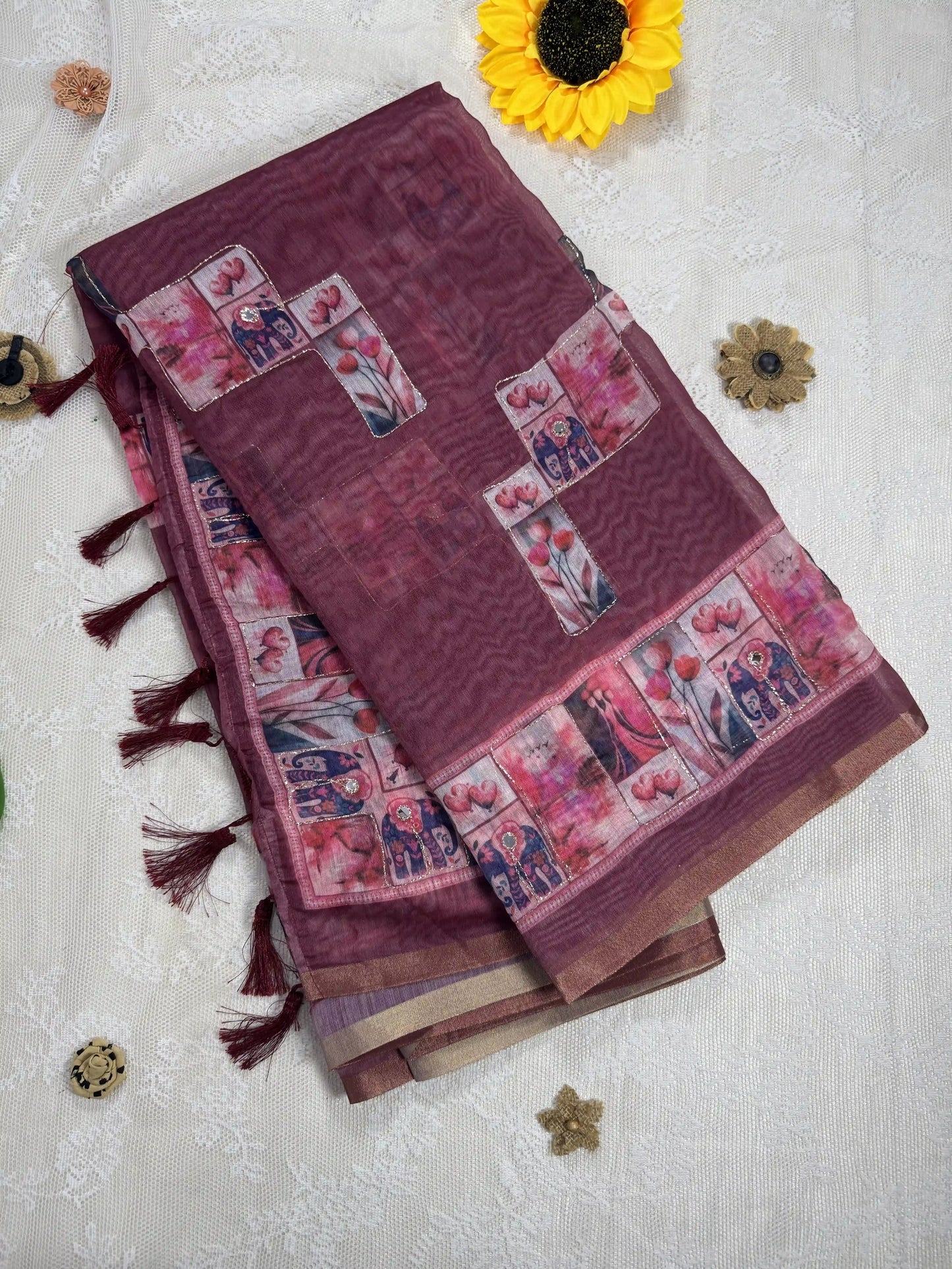 Maroon Red Silk Cotton Saree with Printed Heart Motifs Bordered with Sequence Zari work and Mirror Work