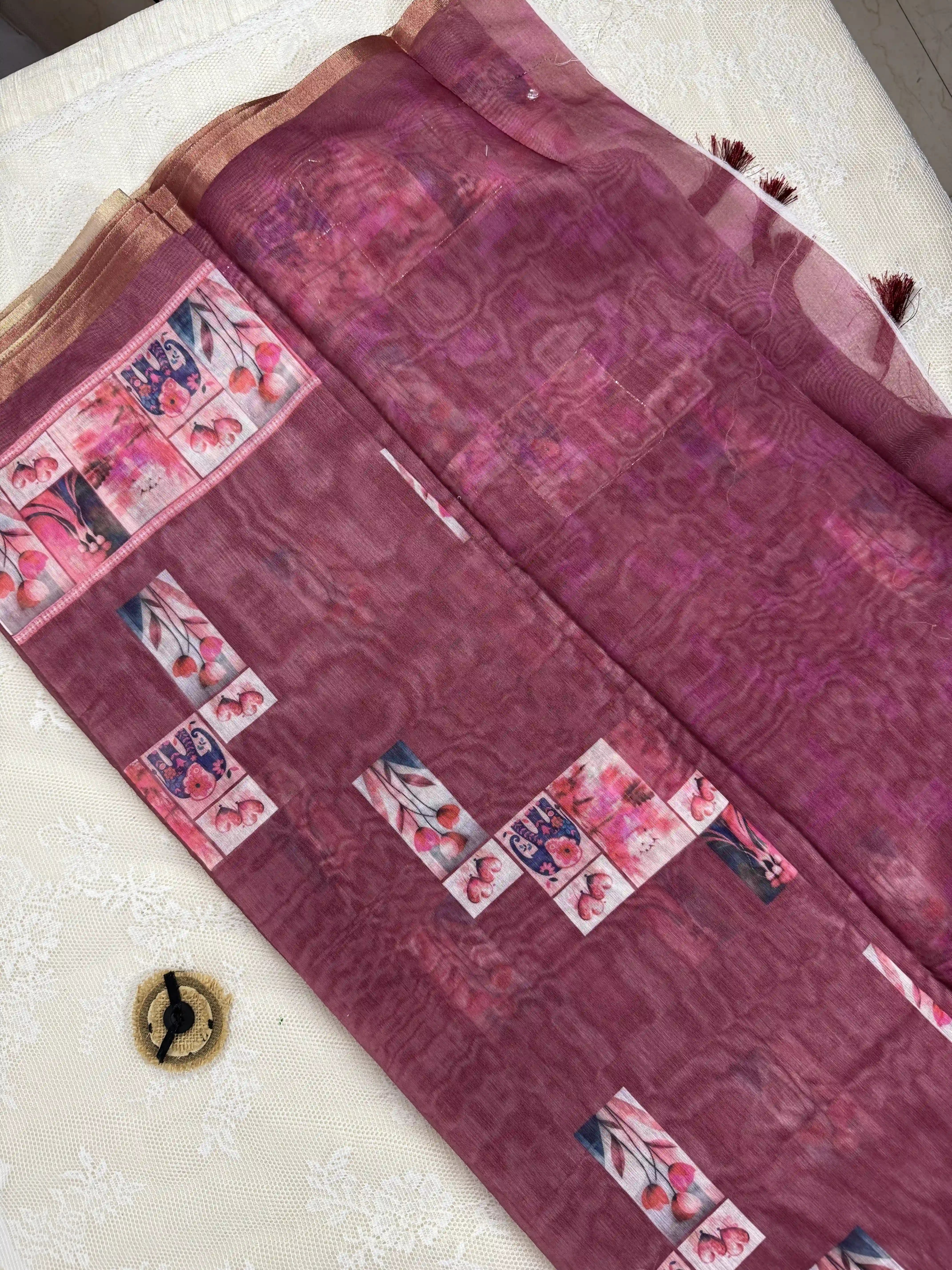 Maroon Red Silk Cotton Saree with Printed Heart Motifs Bordered with Sequence Zari work and Mirror Work