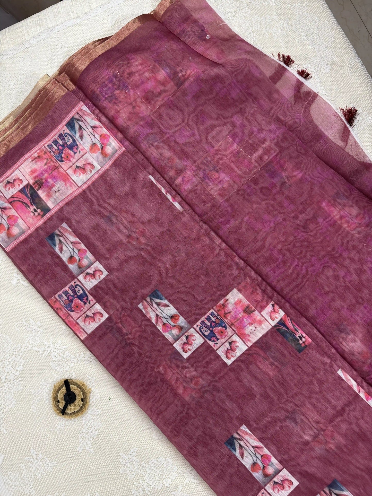 Maroon Red Silk Cotton Saree with Printed Heart Motifs Bordered with Sequence Zari work and Mirror Work