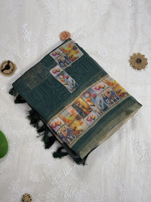 Dark Green Silk Cotton Saree with Printed Heart Motifs Bordered with Sequence Zari work and Mirror Work