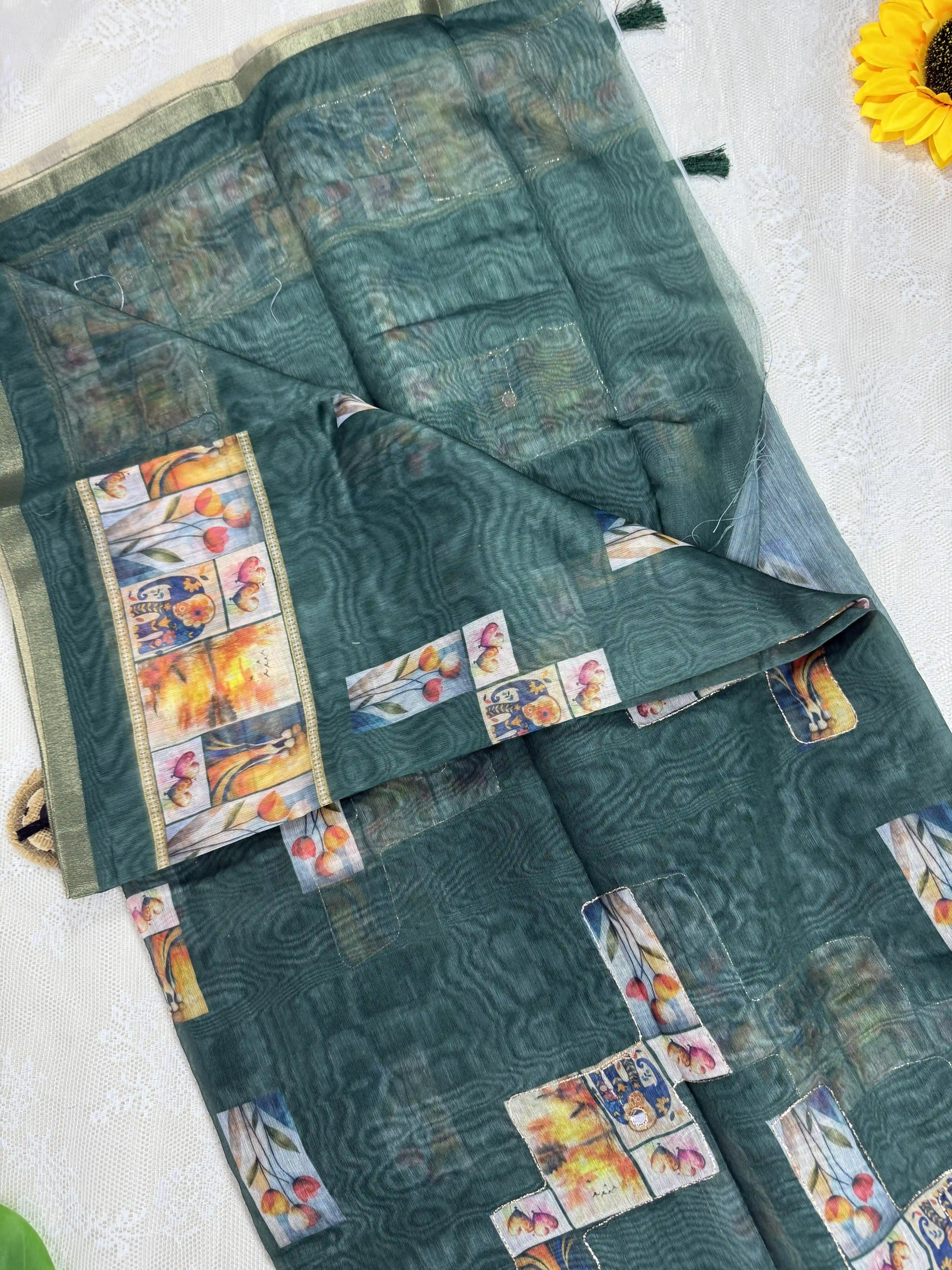 Dark Green Silk Cotton Saree with Printed Heart Motifs Bordered with Sequence Zari work and Mirror Work