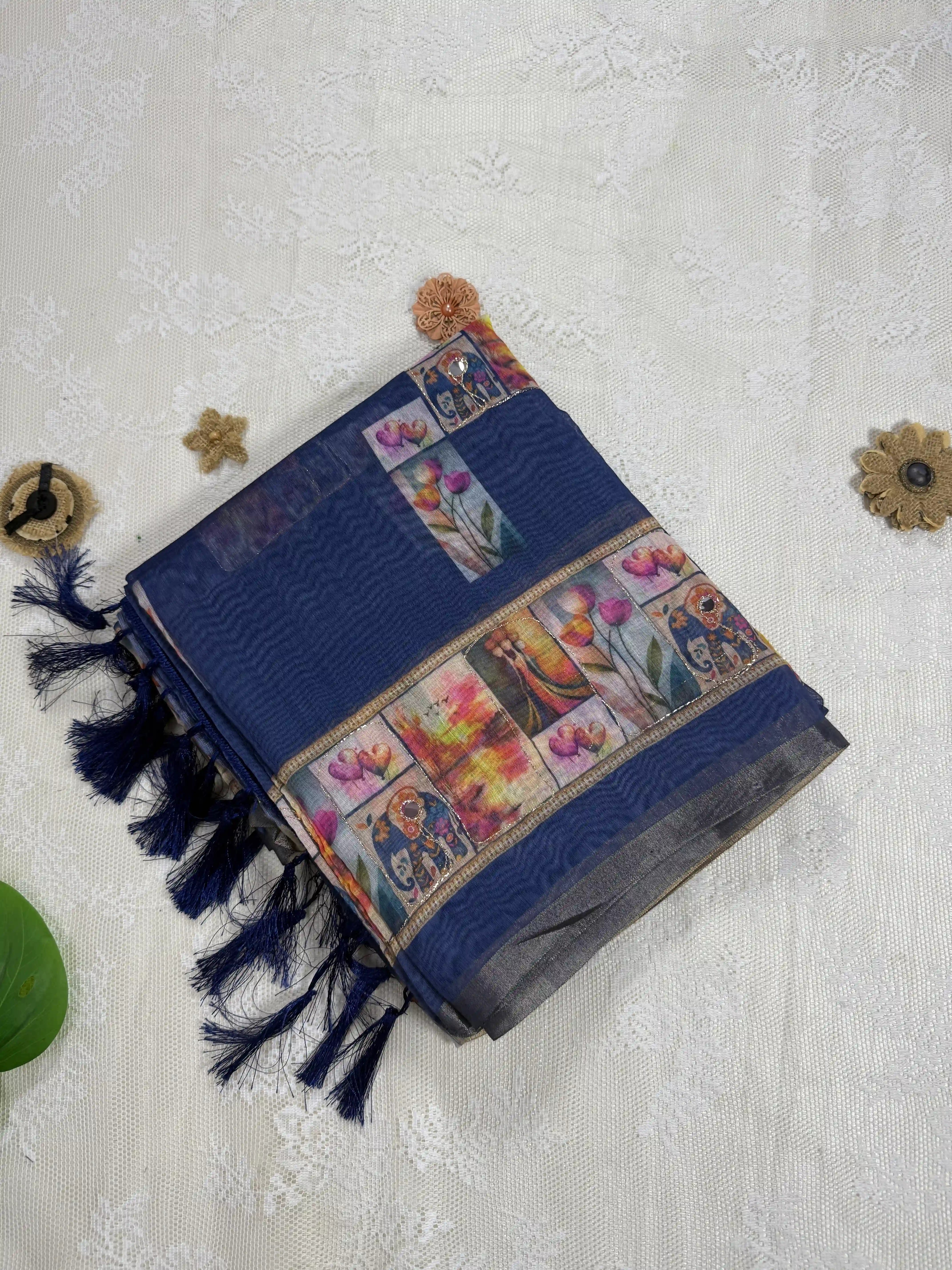 Navy Blue Silk Cotton Saree with Printed Heart Motifs Bordered with Sequence Zari work and Mirror Work