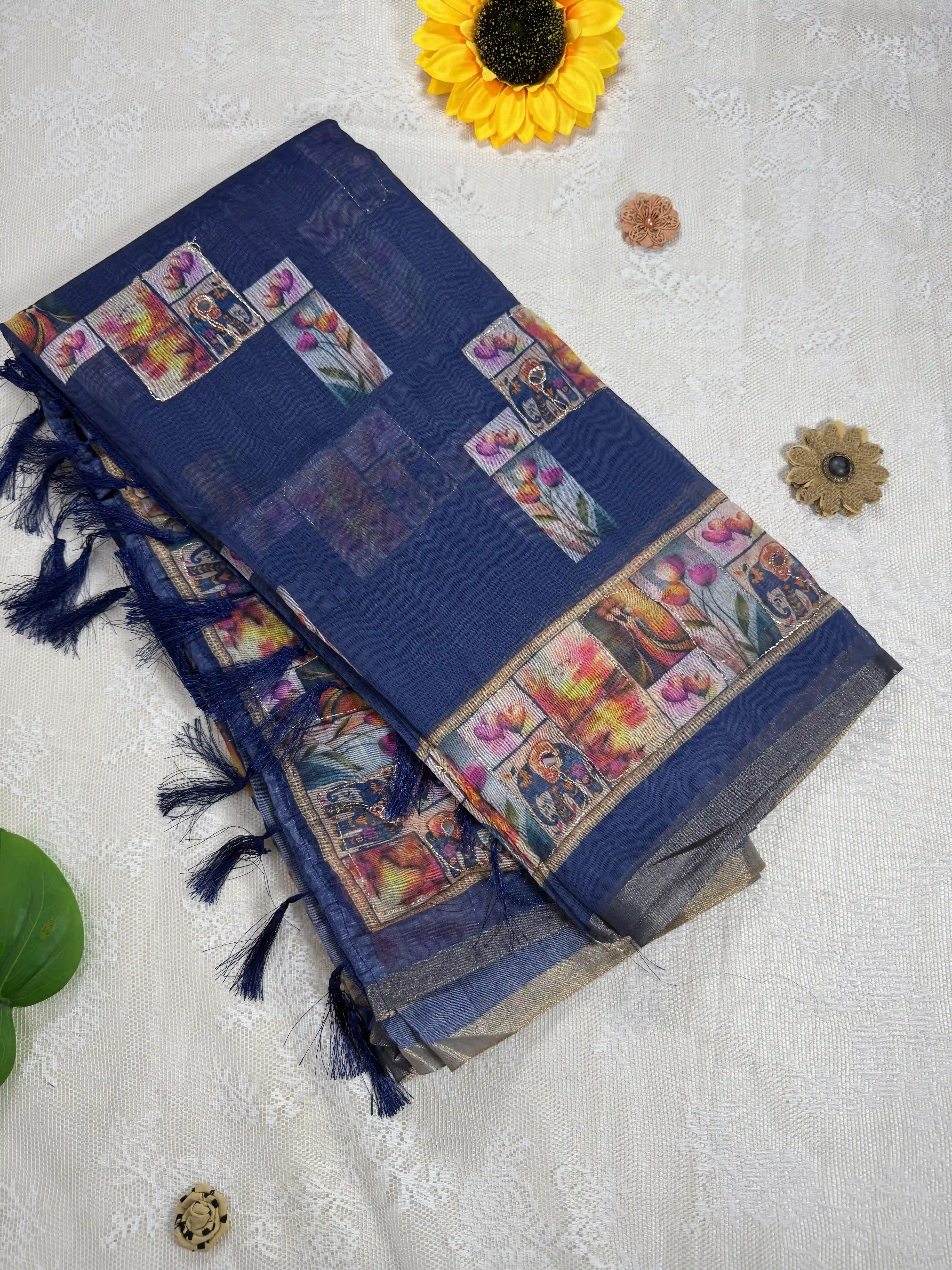 Navy Blue Silk Cotton Saree with Printed Heart Motifs Bordered with Sequence Zari work and Mirror Work