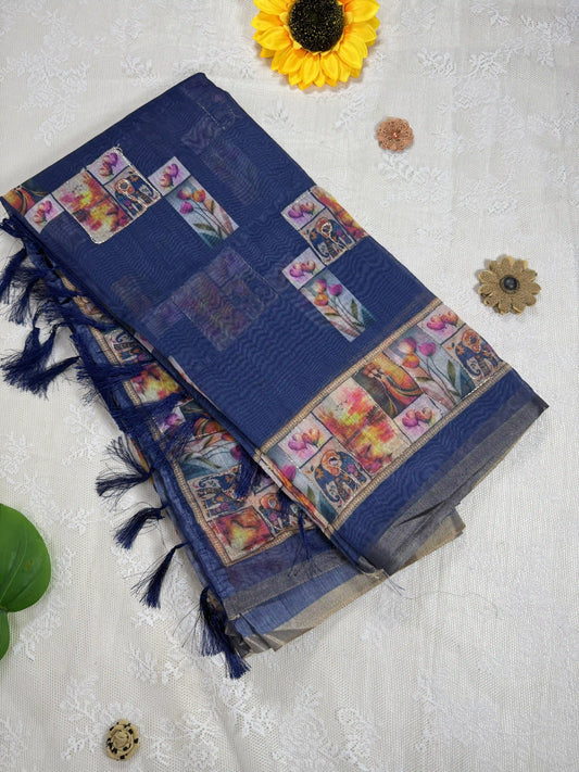 Navy Blue Silk Cotton Saree with Printed Heart Motifs Bordered with Sequence Zari work and Mirror Work