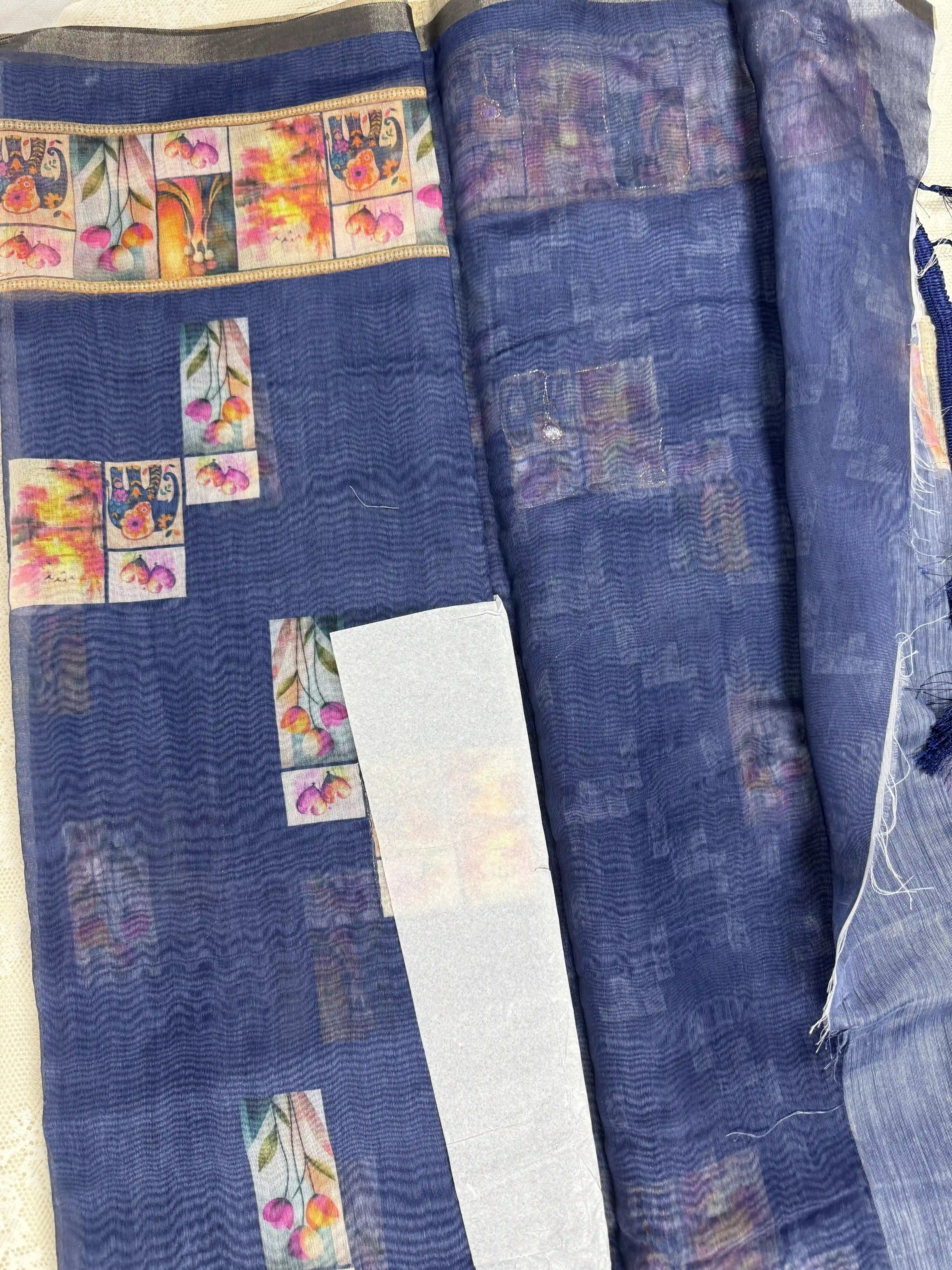 Navy Blue Silk Cotton Saree with Printed Heart Motifs Bordered with Sequence Zari work and Mirror Work