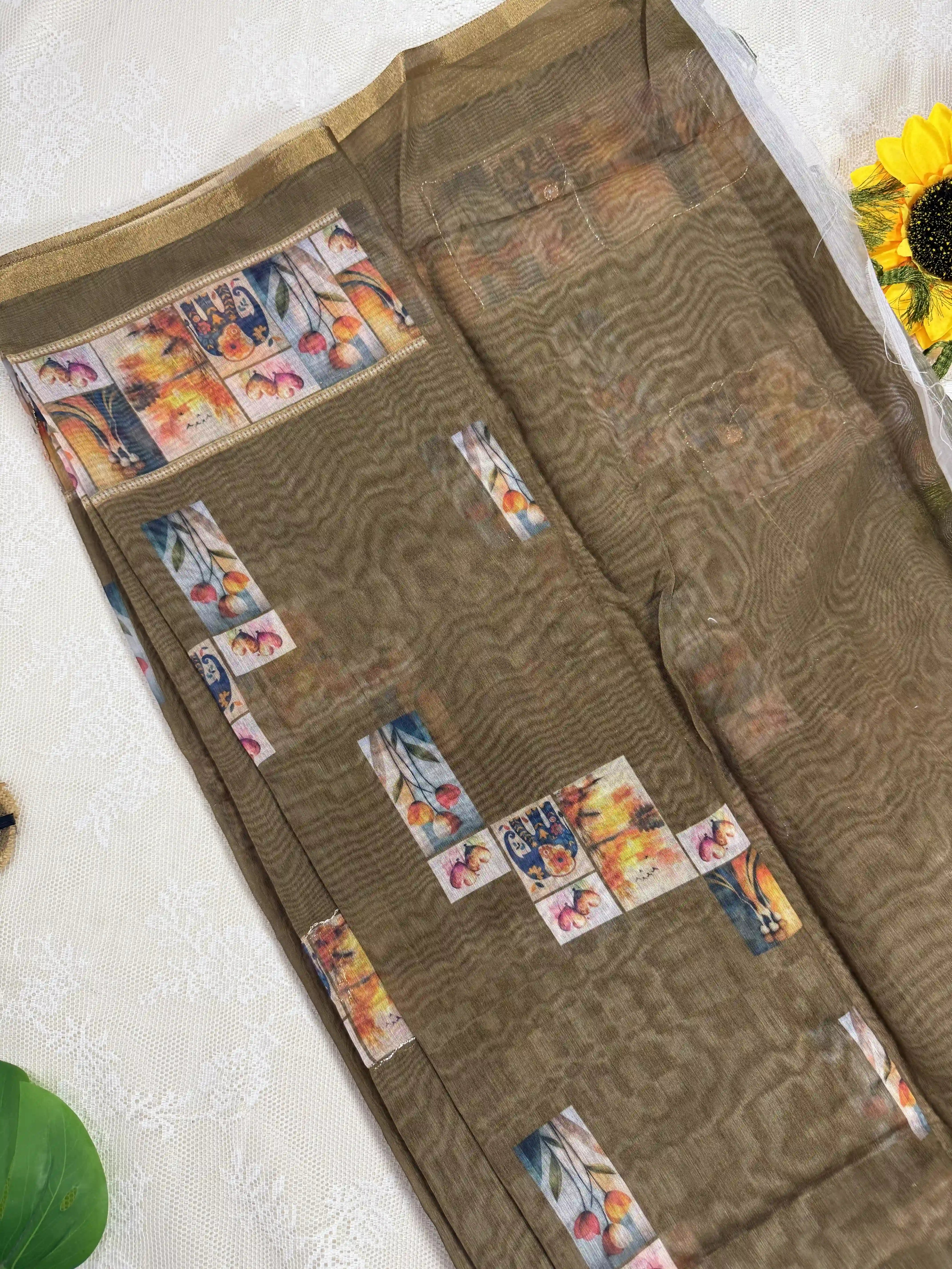 Khakhi Brown Silk Cotton Saree with Printed Heart Motifs Bordered with Sequence Zari work and Mirror Work