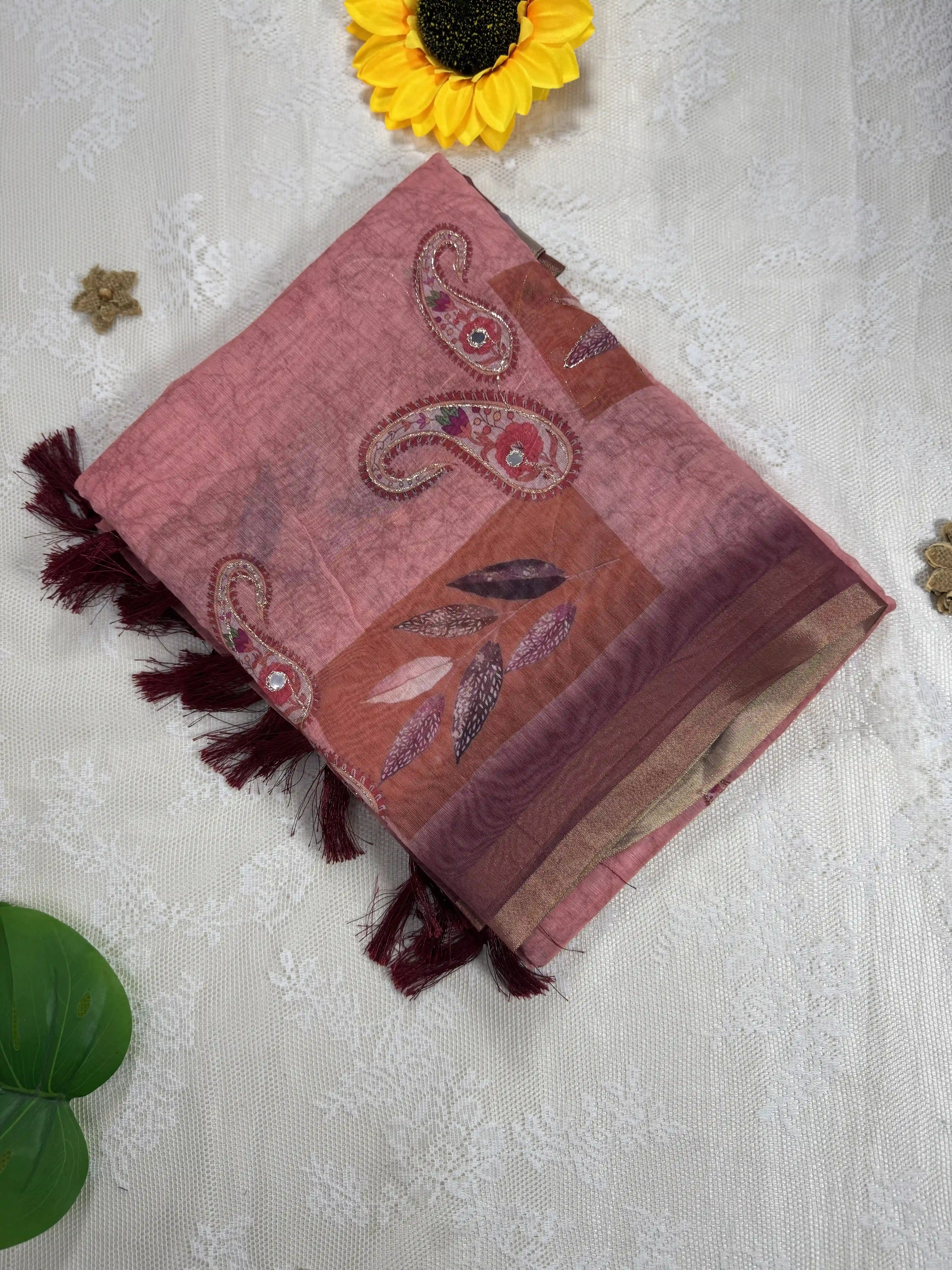 Metallic Orange Rose Silk Cotton Saree with Printed Leaves and Mango Motifs Bordered with Sequence Zari work and Mirror Work