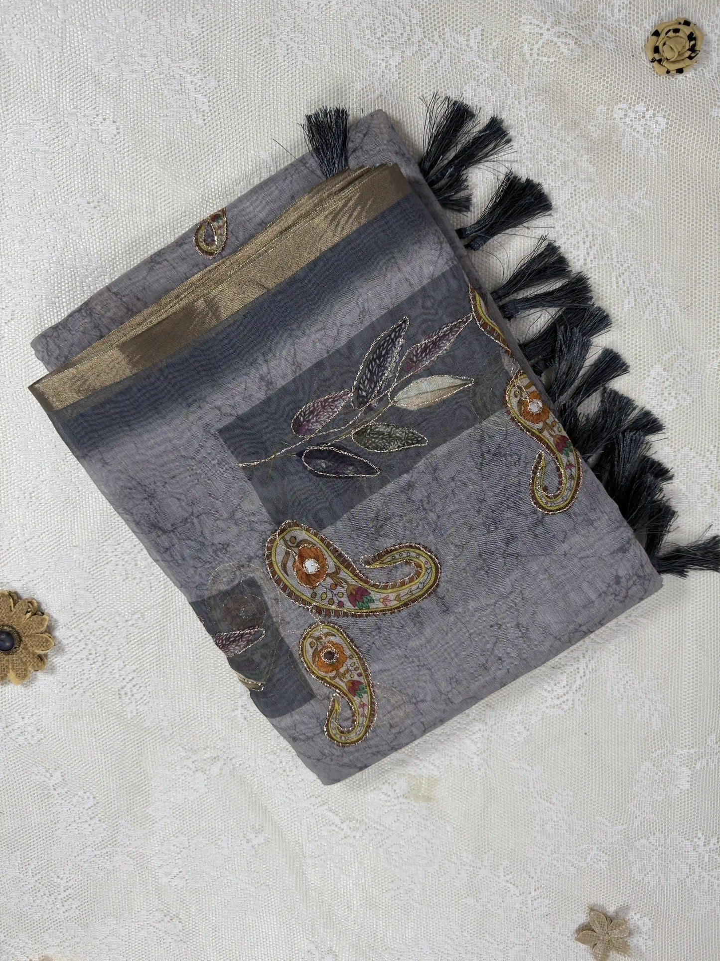 Metallic Grey Silk Cotton Saree with Printed Leaves and Mango Motifs Bordered with Sequence Zari work and Mirror Work