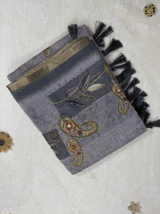 Metallic Grey Silk Cotton Saree with Printed Leaves and Mango Motifs Bordered with Sequence Zari work and Mirror Work