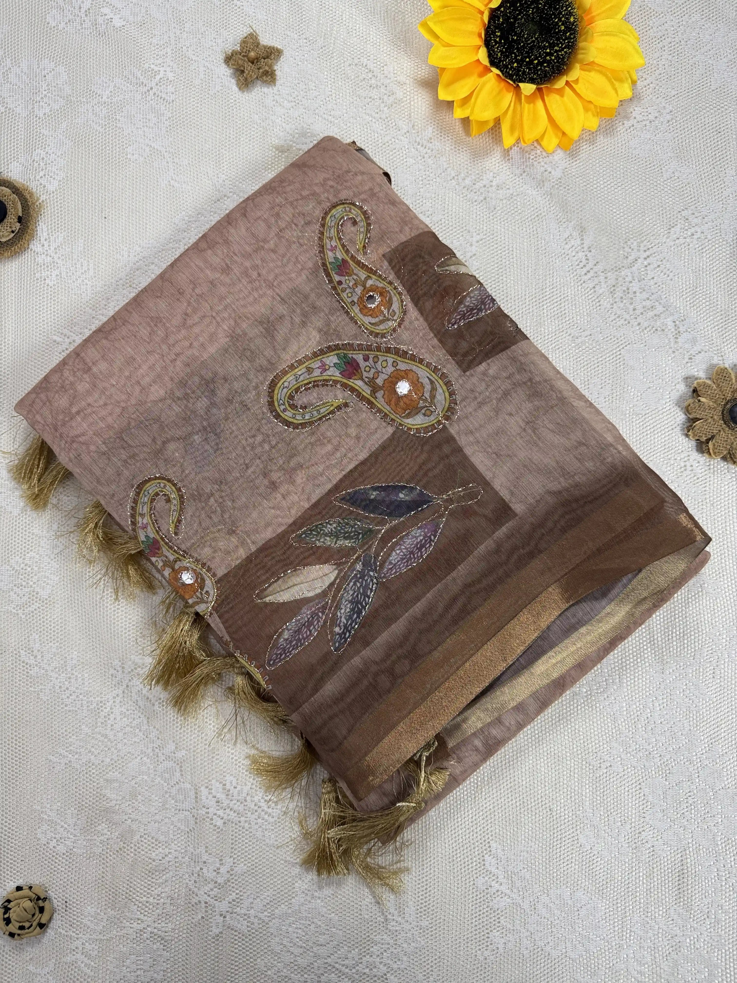 Metallic Brown Silk Cotton Saree with Printed Leaves and Mango Motifs Bordered with Sequence Zari work and Mirror Work