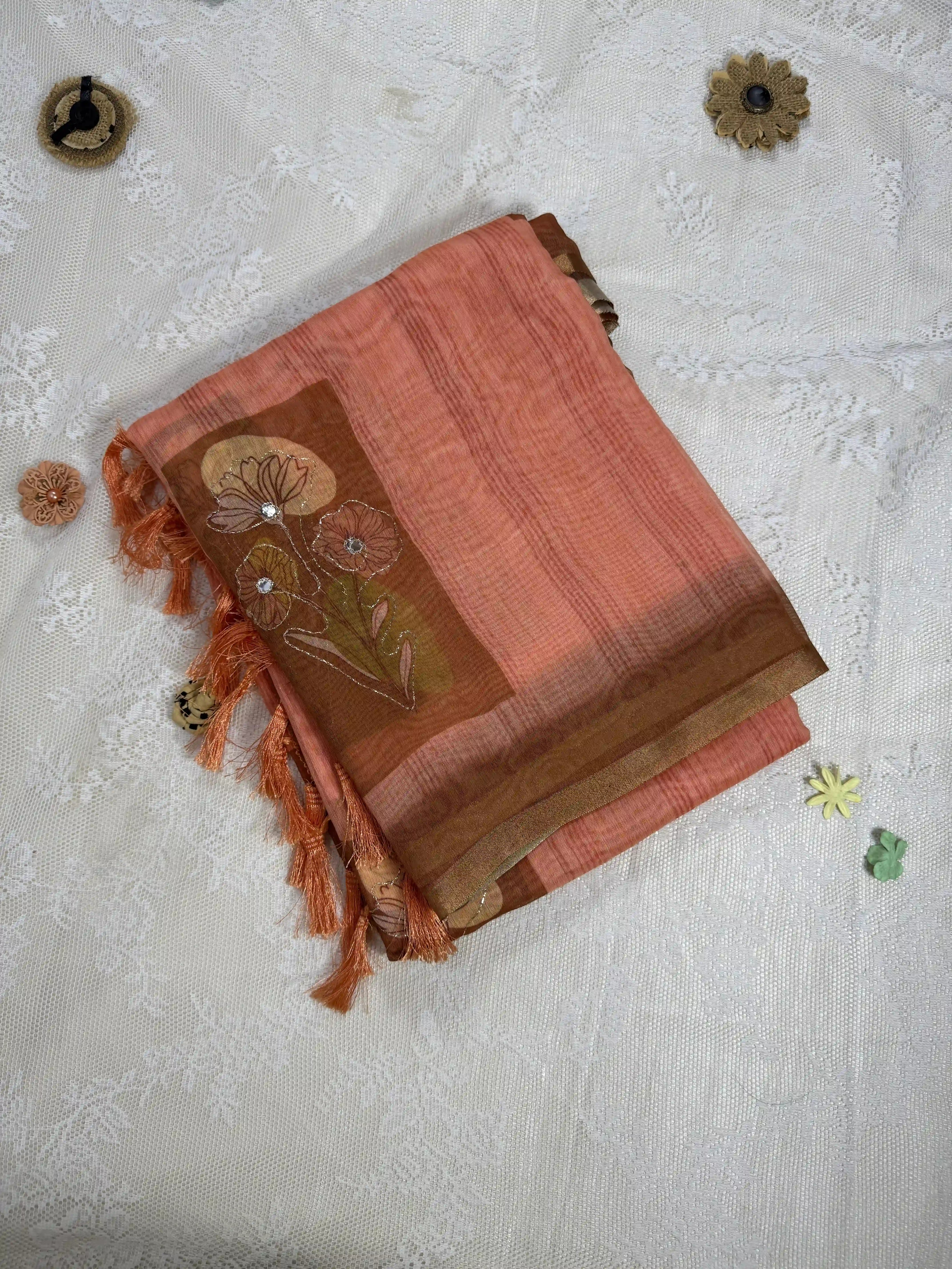 Candy Orange Silk Cotton Saree with Printed Floral Motifs Bordered with Sequence Zari work and Mirror Work
