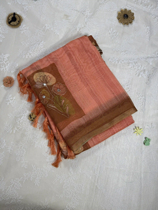 Candy Orange Silk Cotton Saree with Printed Floral Motifs Bordered with Sequence Zari work and Mirror Work