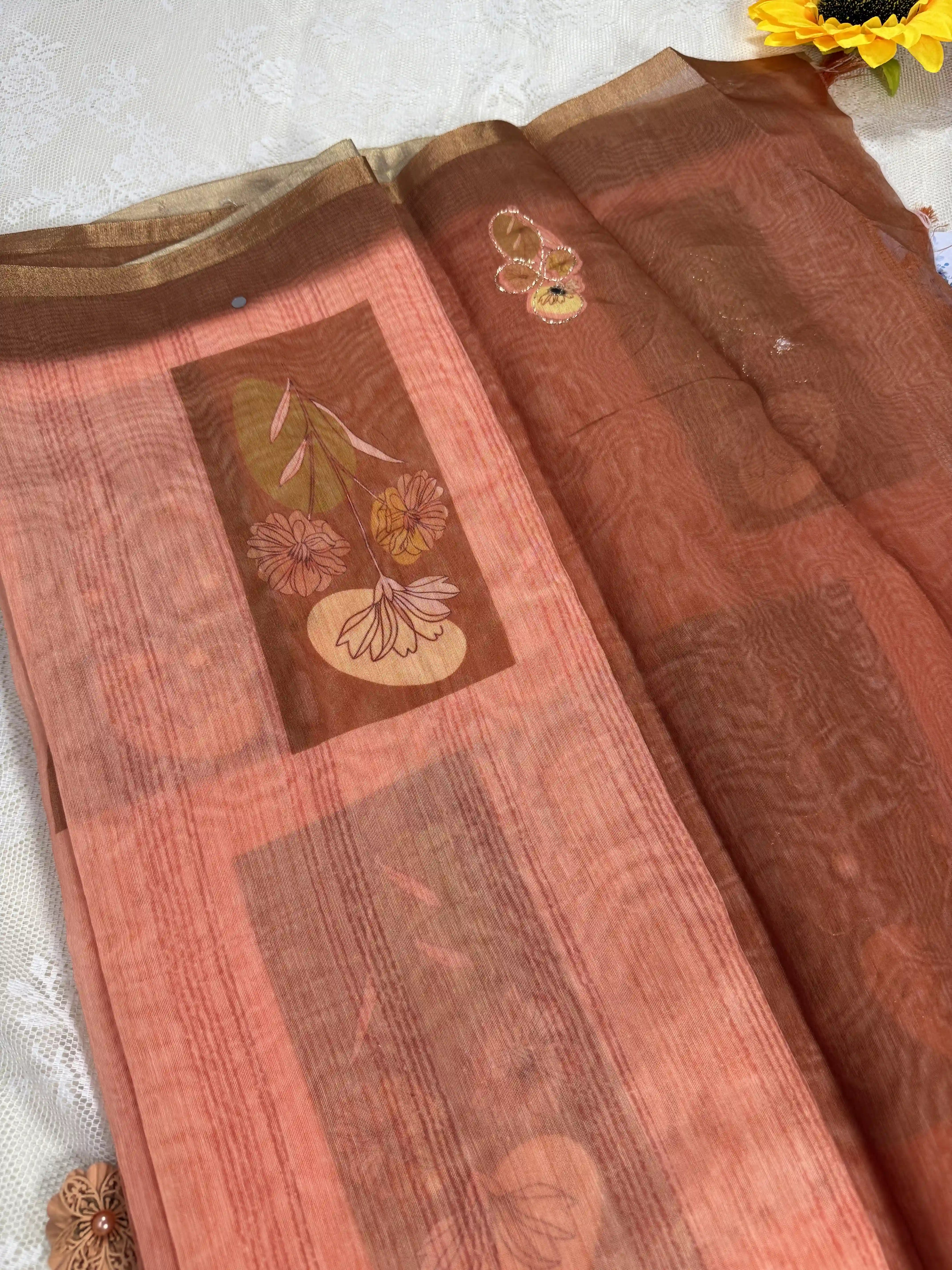 Candy Orange Silk Cotton Saree with Printed Floral Motifs Bordered with Sequence Zari work and Mirror Work