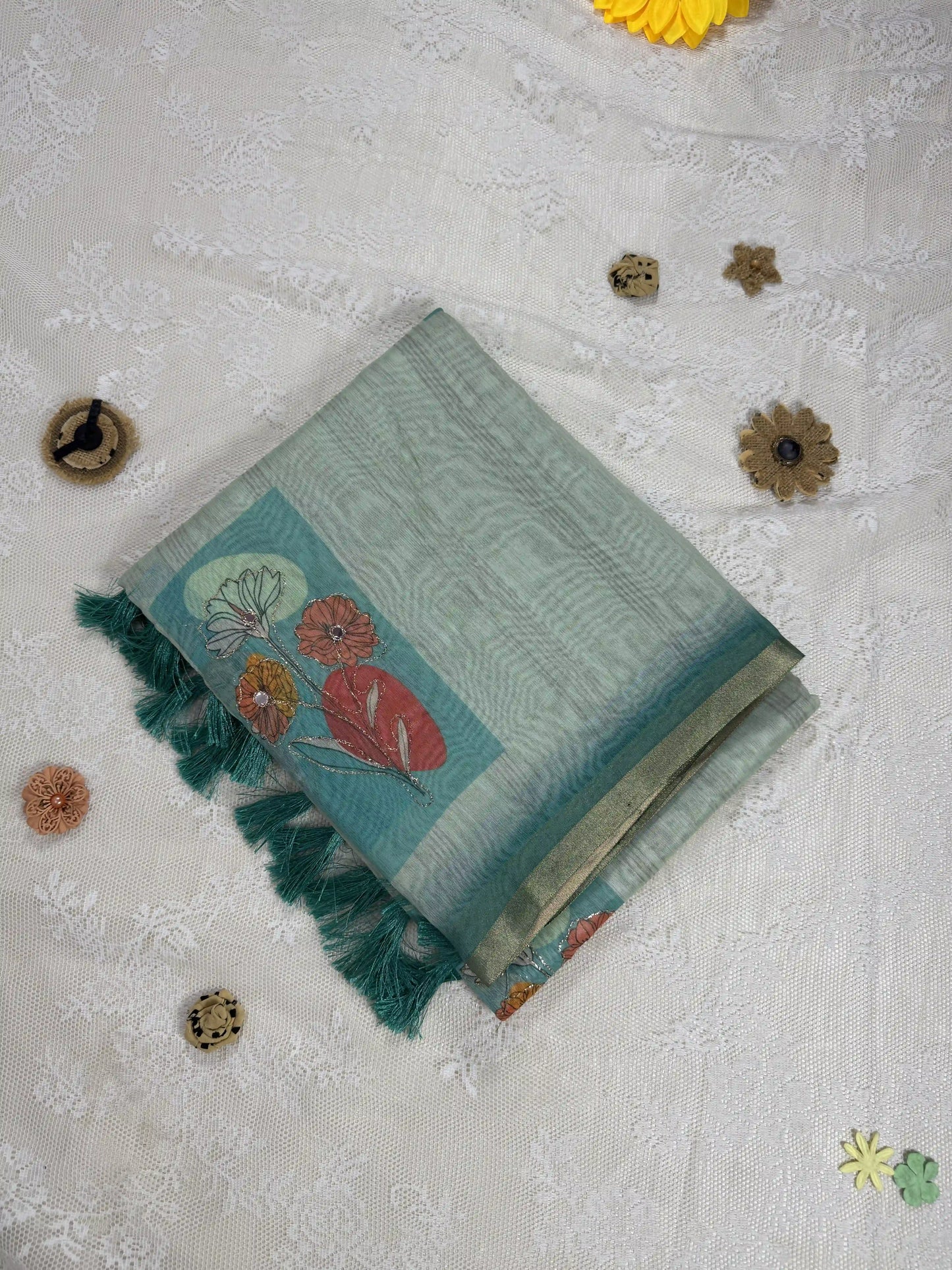 Candy Green Silk Cotton Saree with Printed Floral Motifs Bordered with Sequence Zari work and Mirror Work