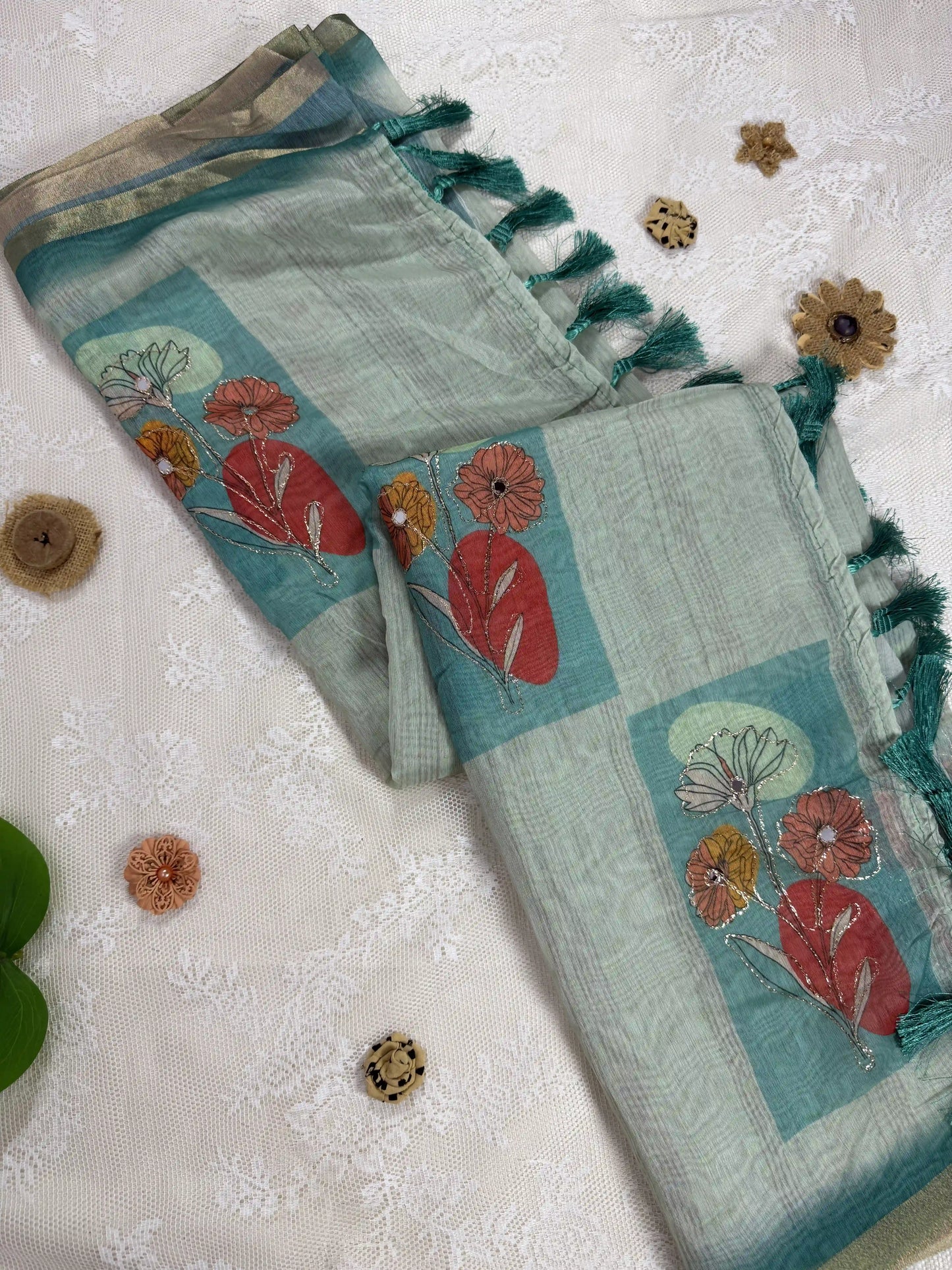 Candy Green Silk Cotton Saree with Printed Floral Motifs Bordered with Sequence Zari work and Mirror Work